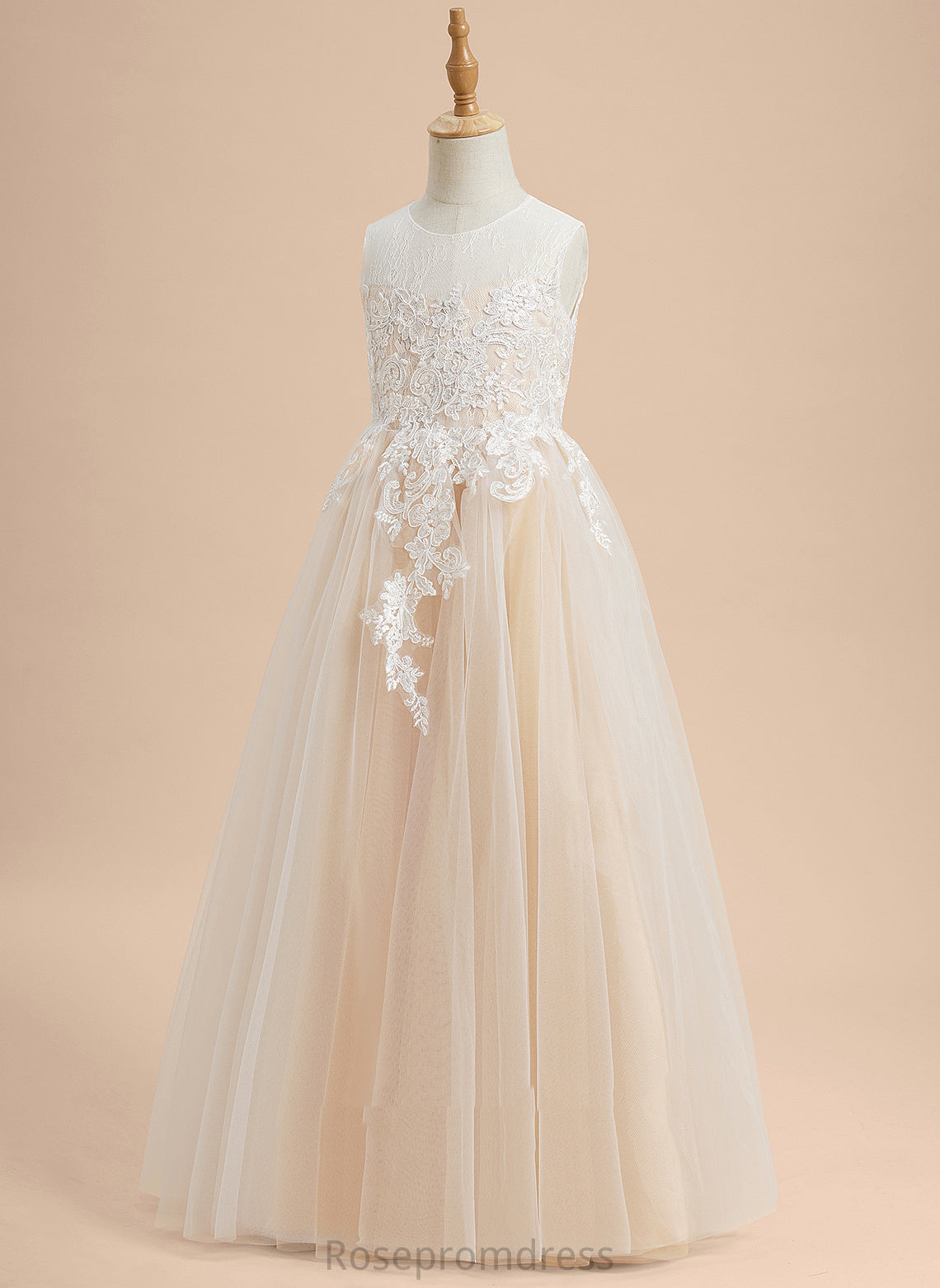 Girl Neck Tiara A-Line Flower Scoop Sleeveless Lace/Beading Tulle Floor-length Dress - With Flower Girl Dresses