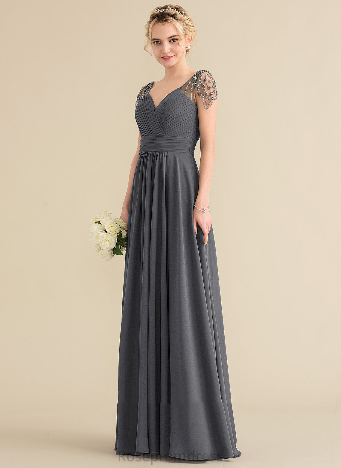 Pleated V-neck Fabric Floor-Length Sequins A-Line Beading Embellishment Length Neckline Silhouette Cassidy Bridesmaid Dresses