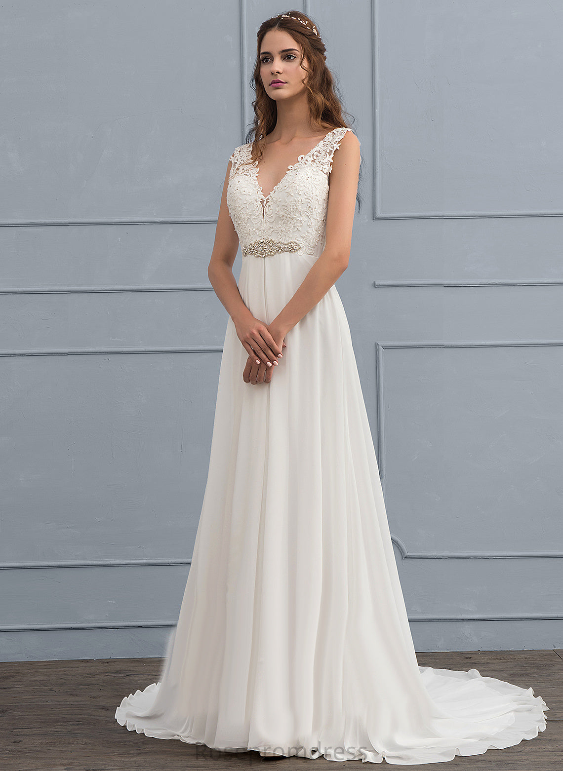 Chiffon Wedding Dresses Beading Court Train Sequins Dress A-Line Kaitlynn With Lace V-neck Wedding