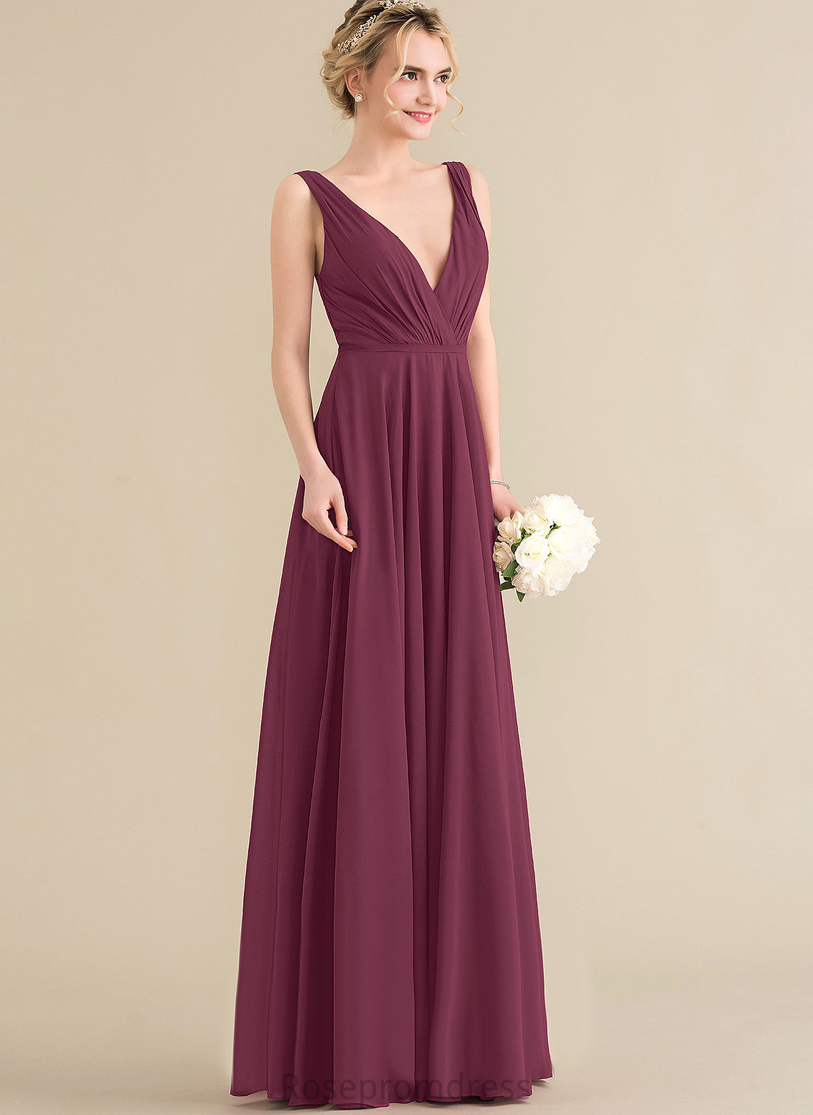 A-Line Floor-Length Pleated Chiffon Prom Dresses V-neck With Violet