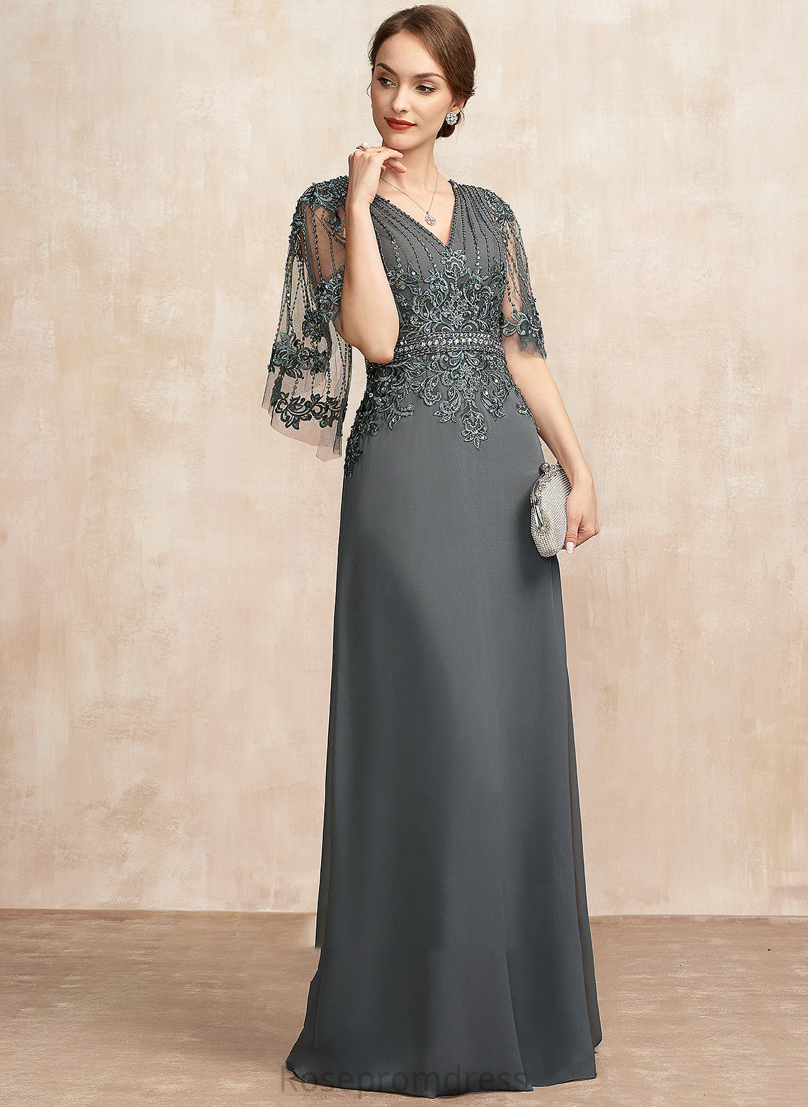 Mother of the Bride Dresses V-neck A-Line Mother Mariyah With the Chiffon Sequins Floor-Length Bride Beading Lace of Dress