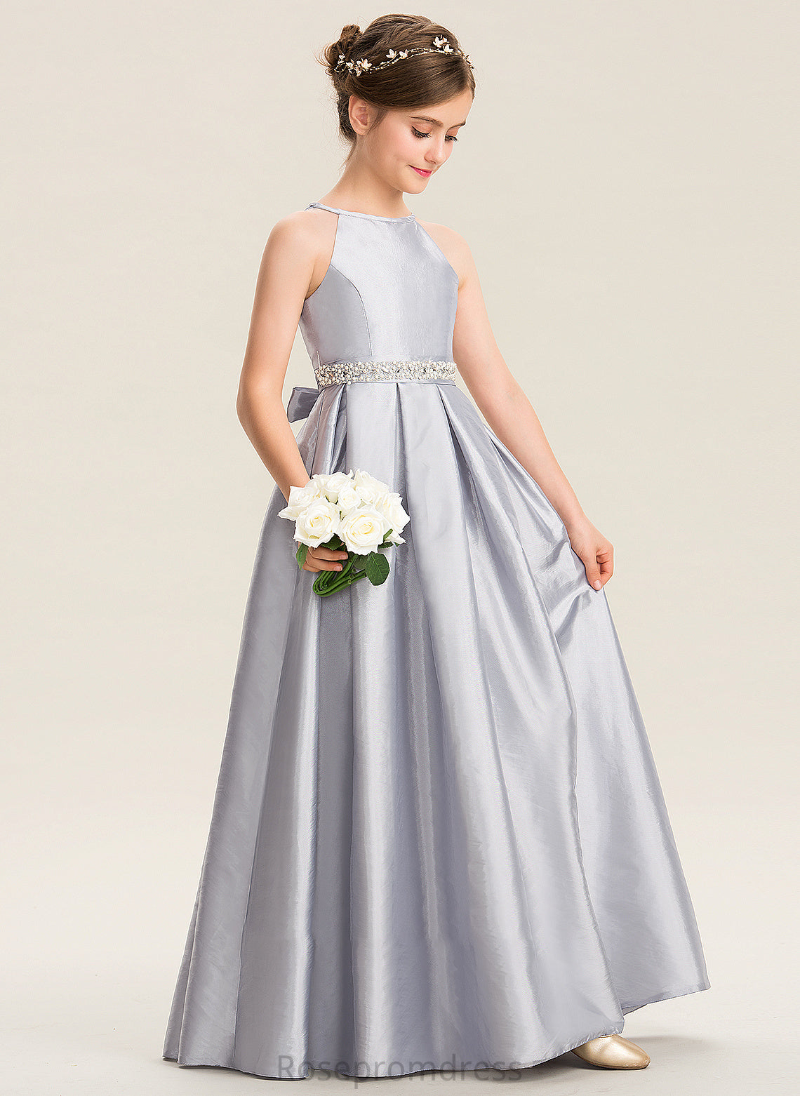 A-Line Bow(s) Beading Floor-Length Taffeta Averi Neck Junior Bridesmaid Dresses Scoop With