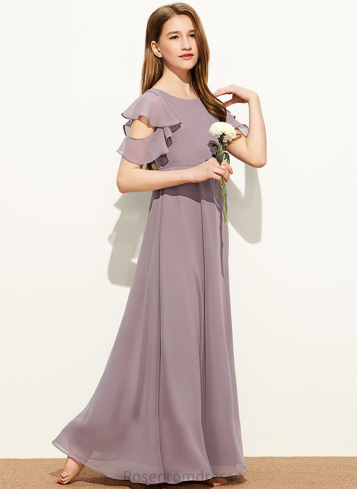 Junior Bridesmaid Dresses With Ruffles Chiffon Cascading A-Line Scoop Floor-Length Neck Lexi