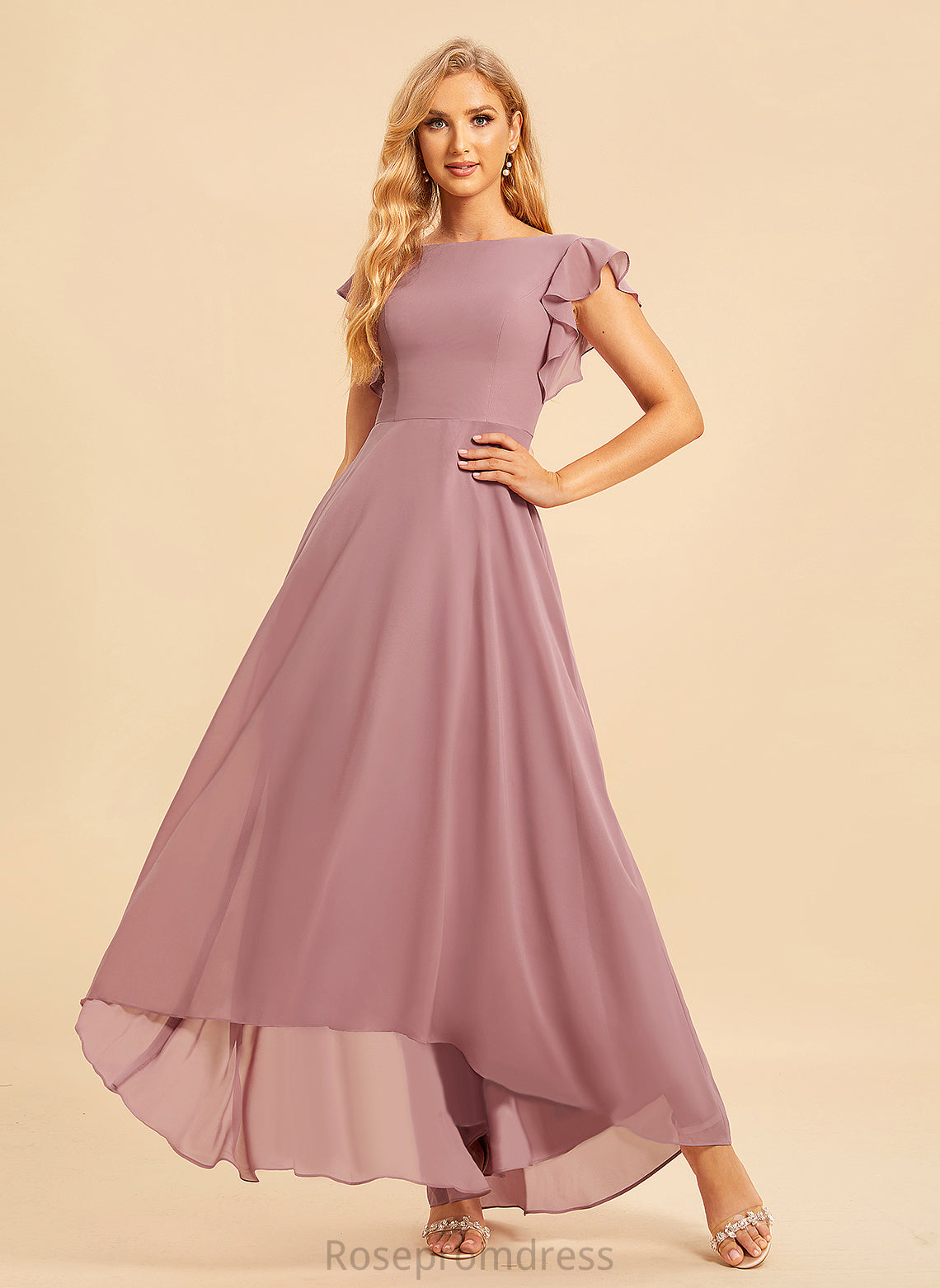 Silhouette Ruffle Length A-Line ScoopNeck Embellishment Fabric Neckline Asymmetrical Prudence A-Line/Princess Spaghetti Staps Bridesmaid Dresses