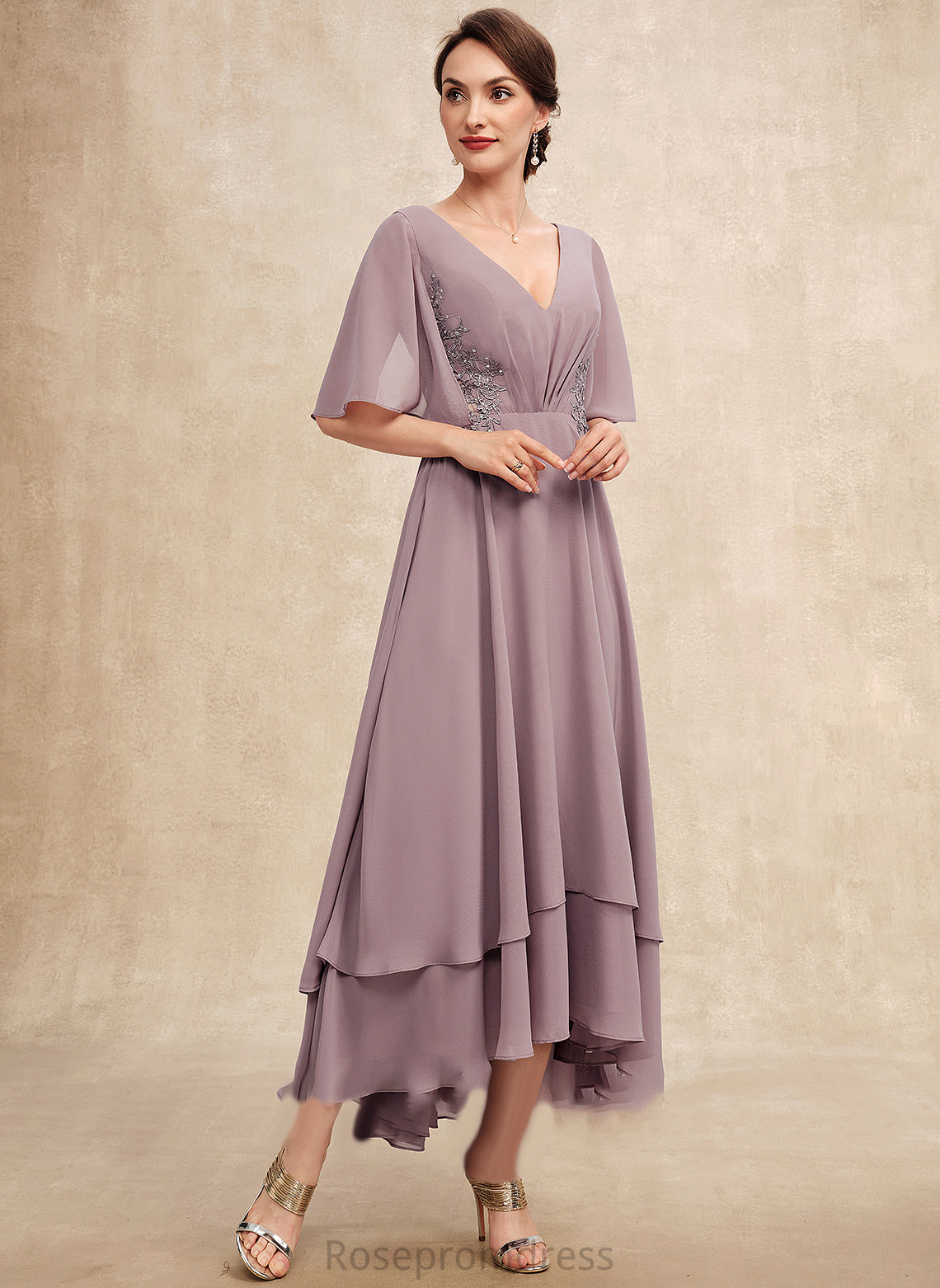 the Beading Ruffle Dress Bride of Asymmetrical Mother of the Bride Dresses Chiffon With A-Line Makaila Mother V-neck Lace