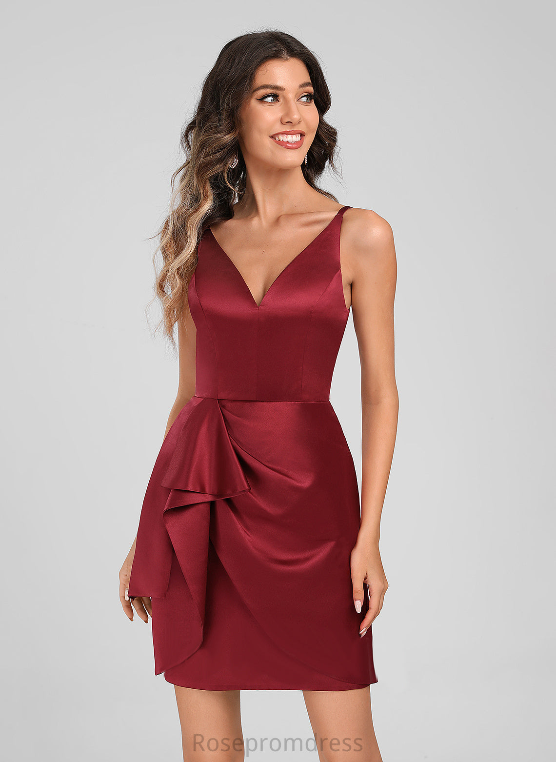 V-neck Dress Kinsley Homecoming Satin Club Dresses Short/Mini Cascading With Bodycon Ruffles