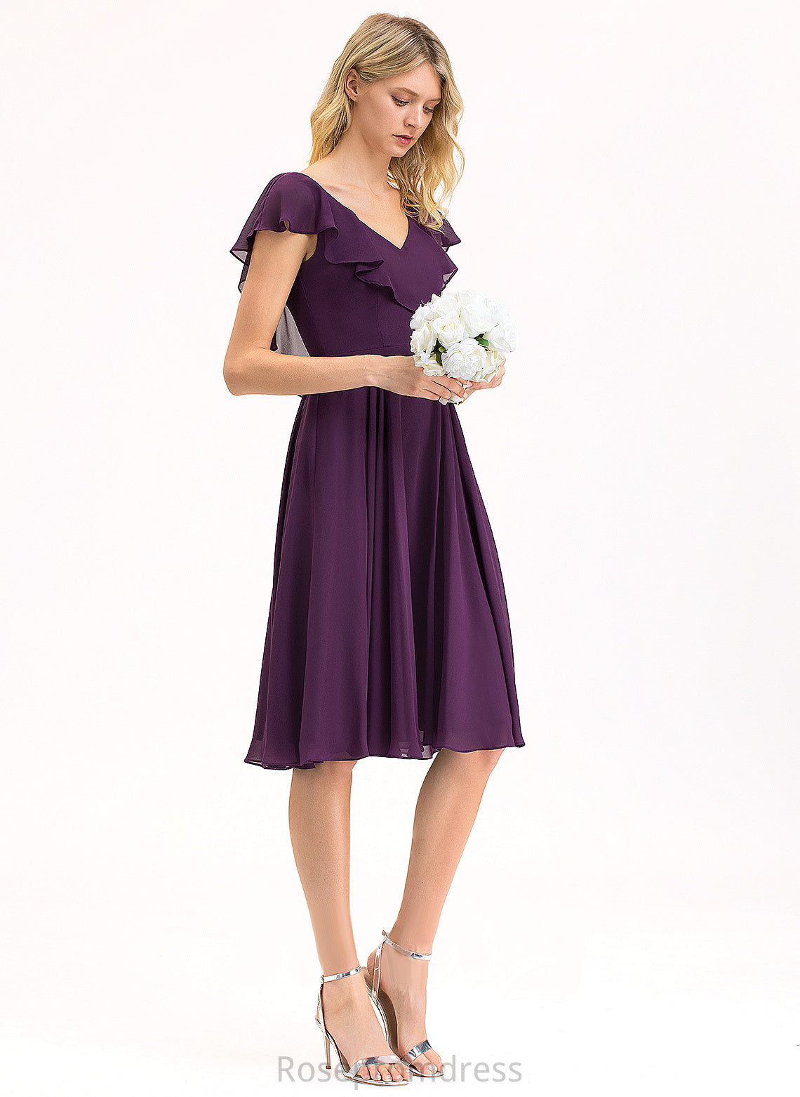 Katharine Cocktail With V-neck Cascading Ruffles A-Line Cocktail Dresses Knee-Length Chiffon Dress