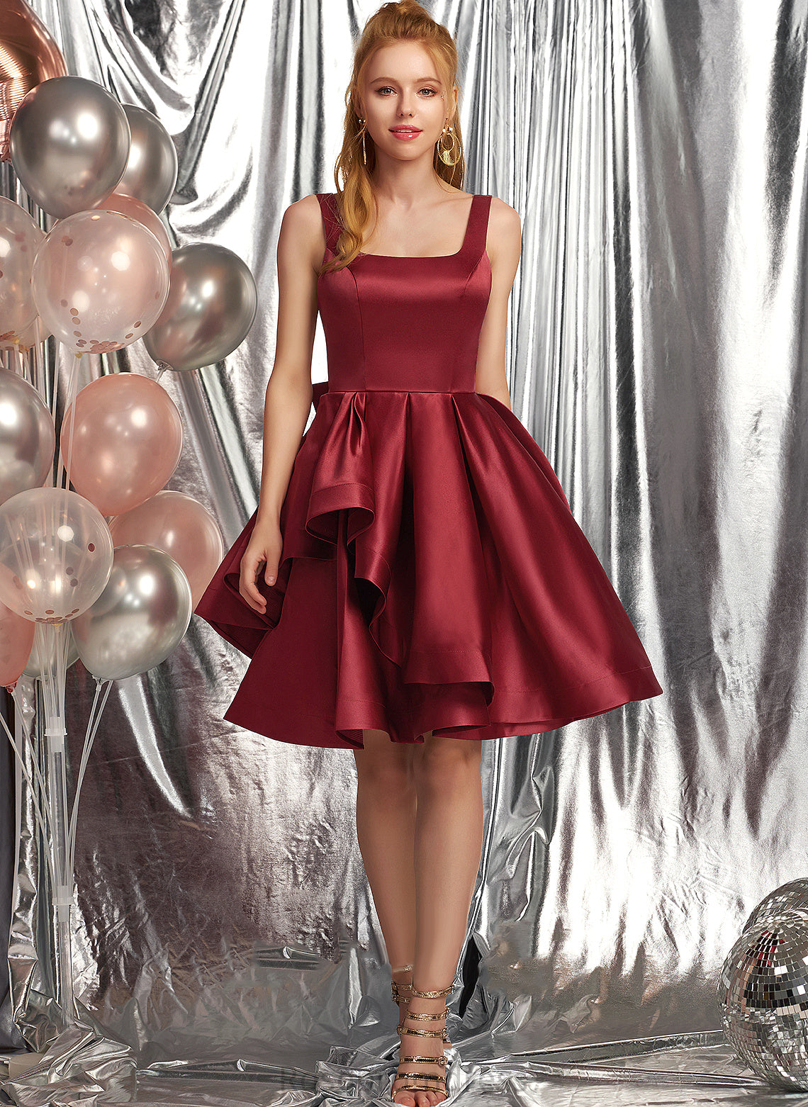 Satin Dress Homecoming Knee-Length Ayana Ruffles Neckline Bow(s) A-Line Homecoming Dresses With Square Cascading