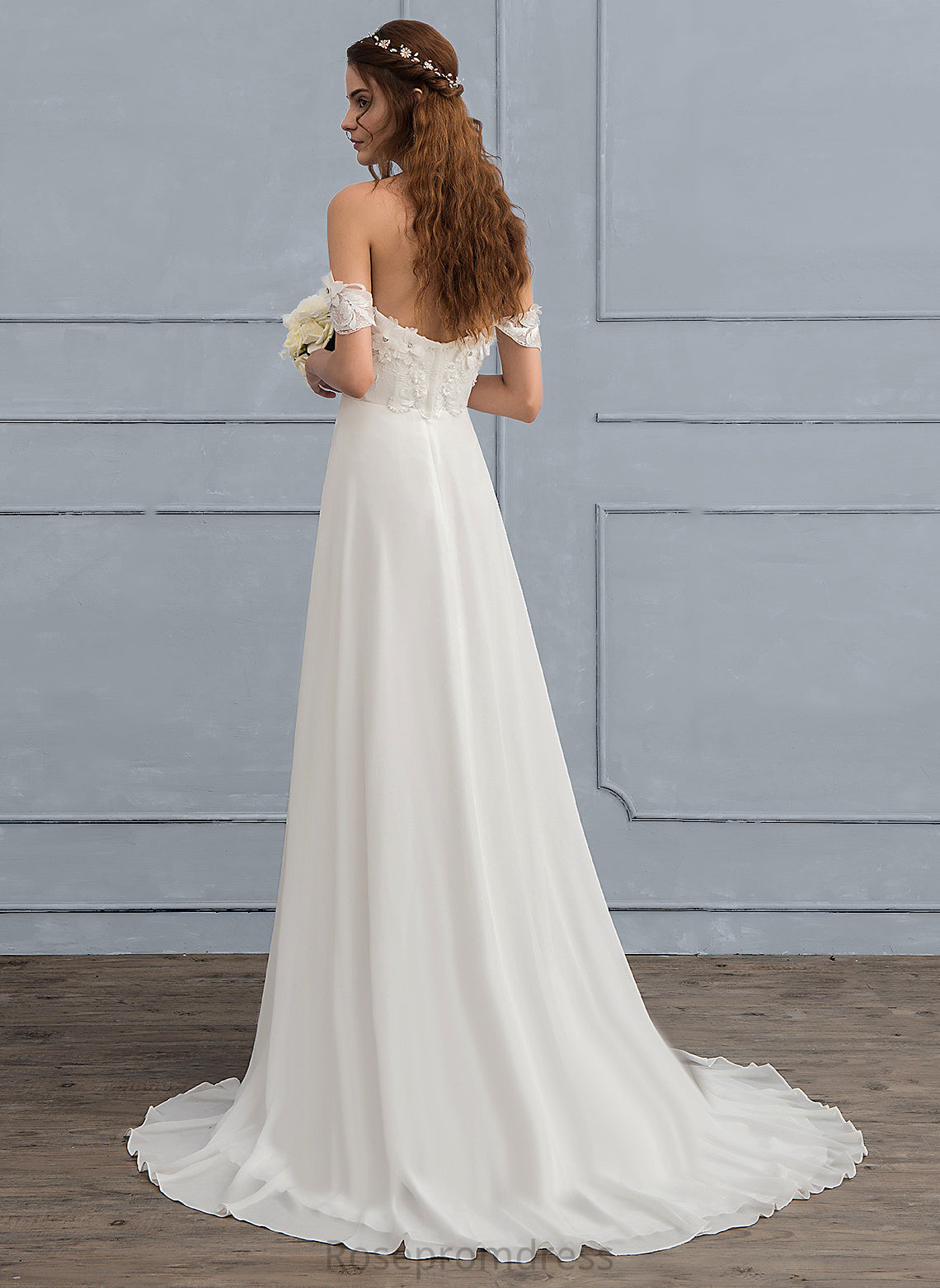 Michaelia Train Lace Flower(s) Sweep Off-the-Shoulder Wedding Dresses Dress Wedding A-Line Chiffon With Beading