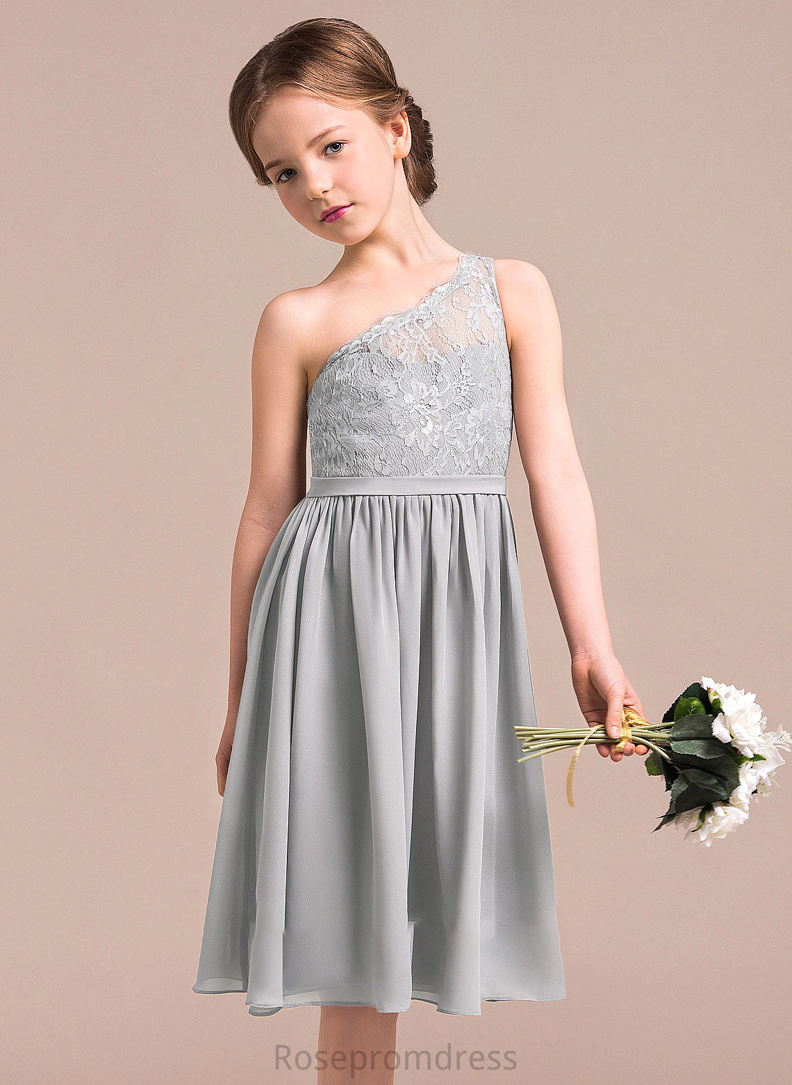 Chiffon One-Shoulder Knee-Length A-Line Harmony Junior Bridesmaid Dresses Lace