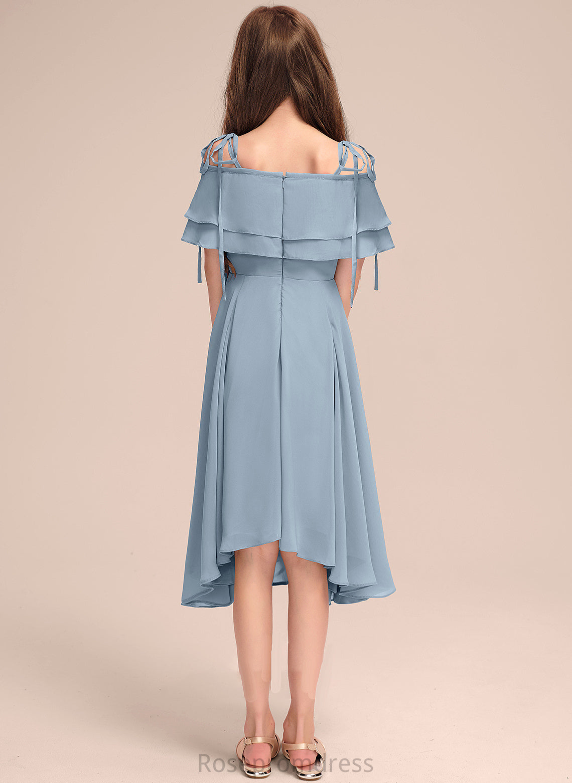 Off-the-Shoulder A-Line Asymmetrical Ruffles Junior Bridesmaid Dresses Chiffon Cascading With Katrina