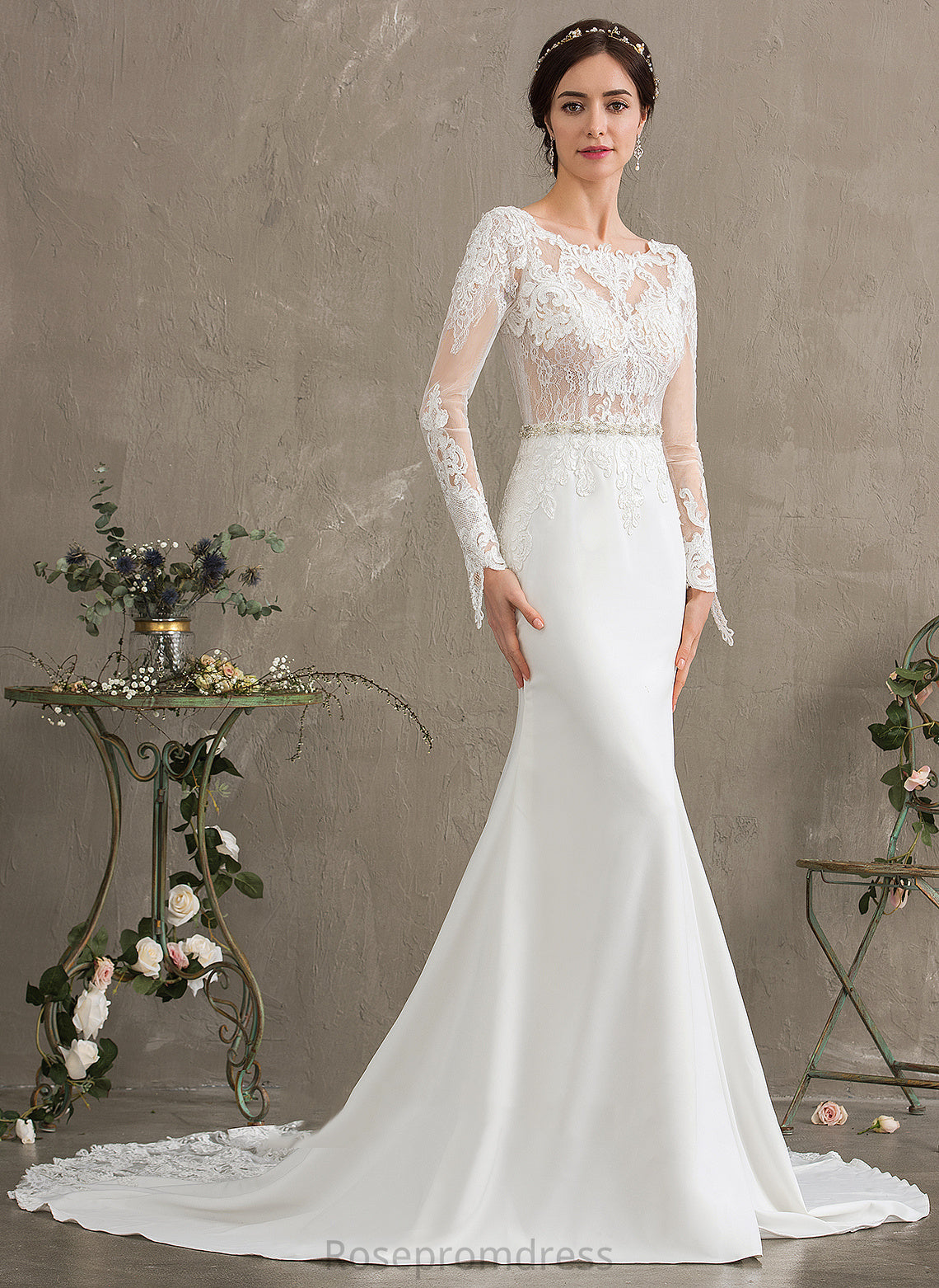 Sequins Beading Dress With Chapel Stretch Train Neck Crepe Scoop Wedding Dresses Trumpet/Mermaid Lace Wedding Shiloh