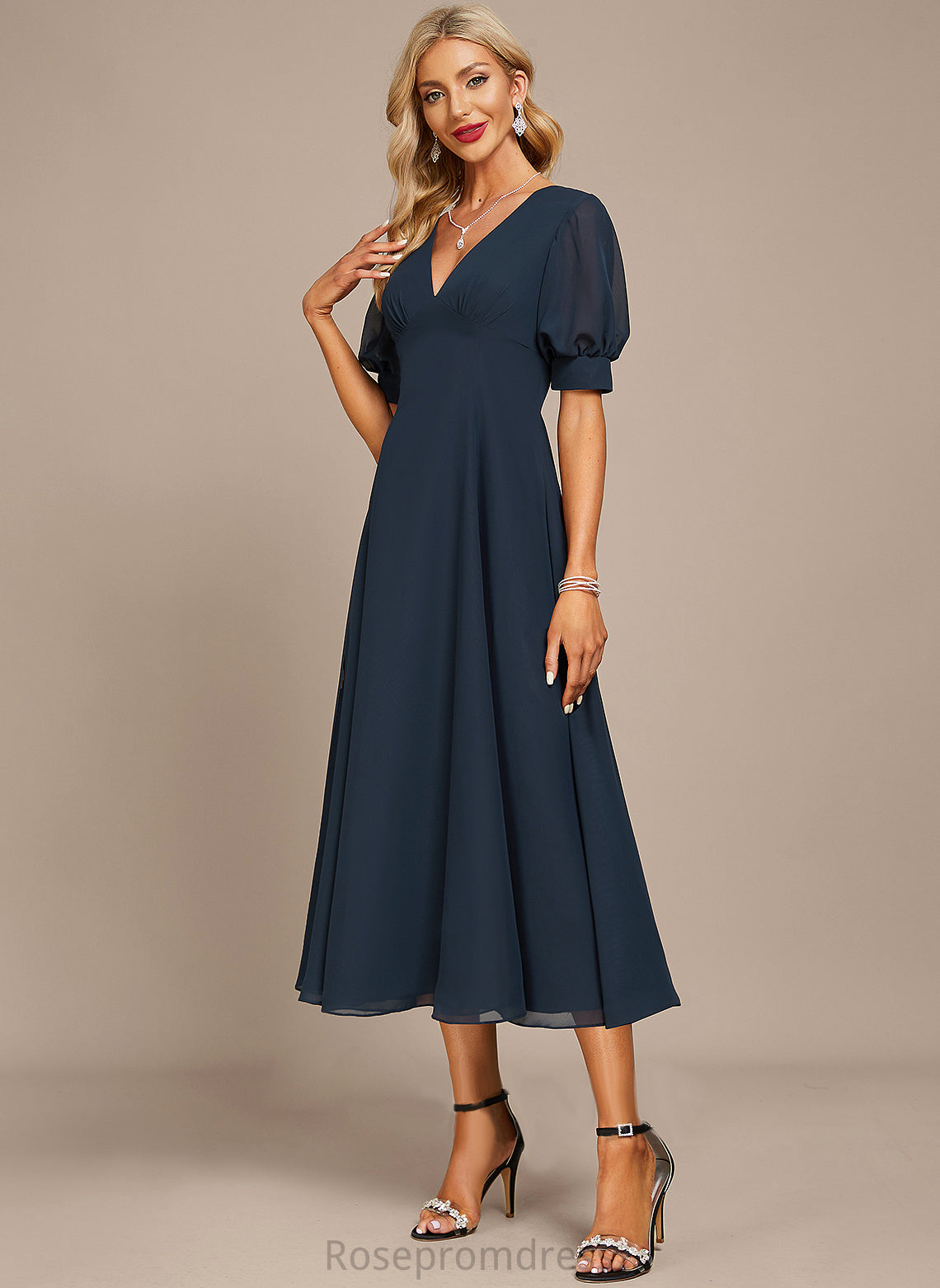 Ruffle Veronica Cocktail Dress A-Line With V-neck Cocktail Dresses Tea-Length Chiffon