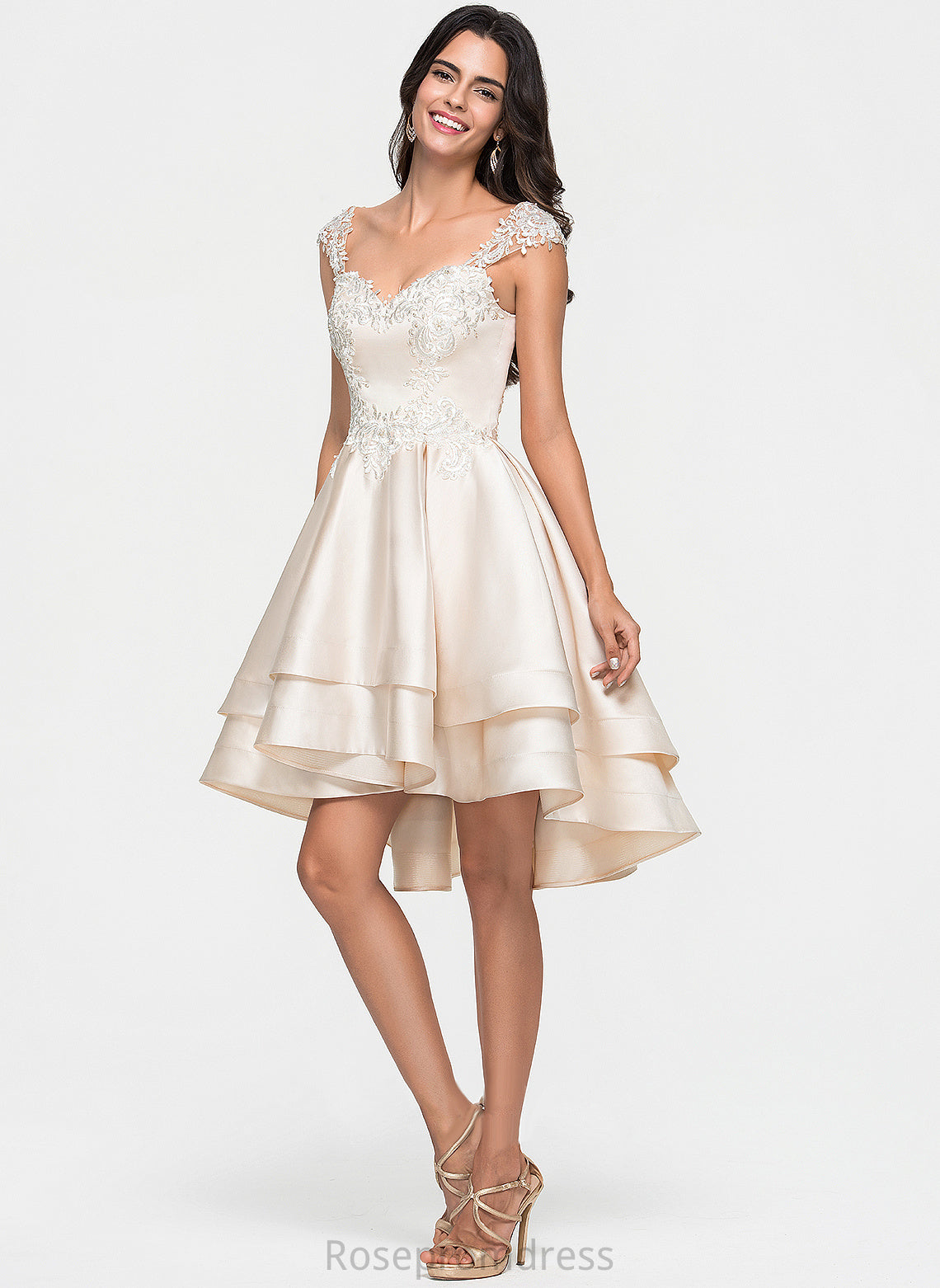 With Beading Homecoming Dresses Sweetheart A-Line Lace Cascading Ruffles Satin Asymmetrical Dress Homecoming Millicent