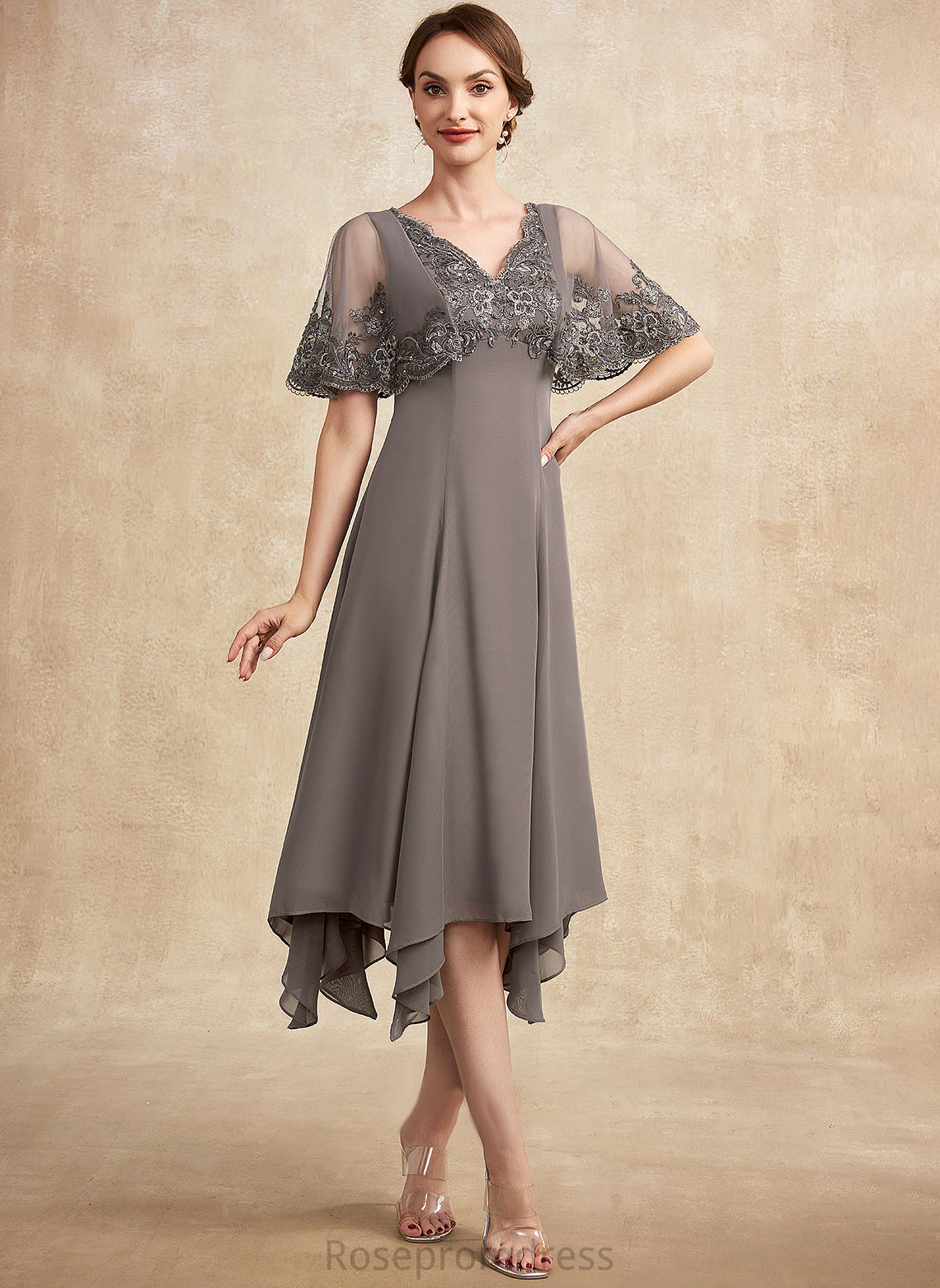 Mother Bride With the Dress Lace Sequins Alicia of Tea-Length V-neck Beading A-Line Chiffon Mother of the Bride Dresses