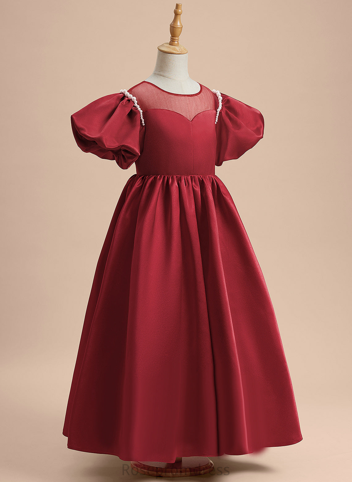 A-Line Satin Dress Girl With Neck Beading Ankle-length Scoop Flower Flower Girl Dresses Sleeves - Short Jemima