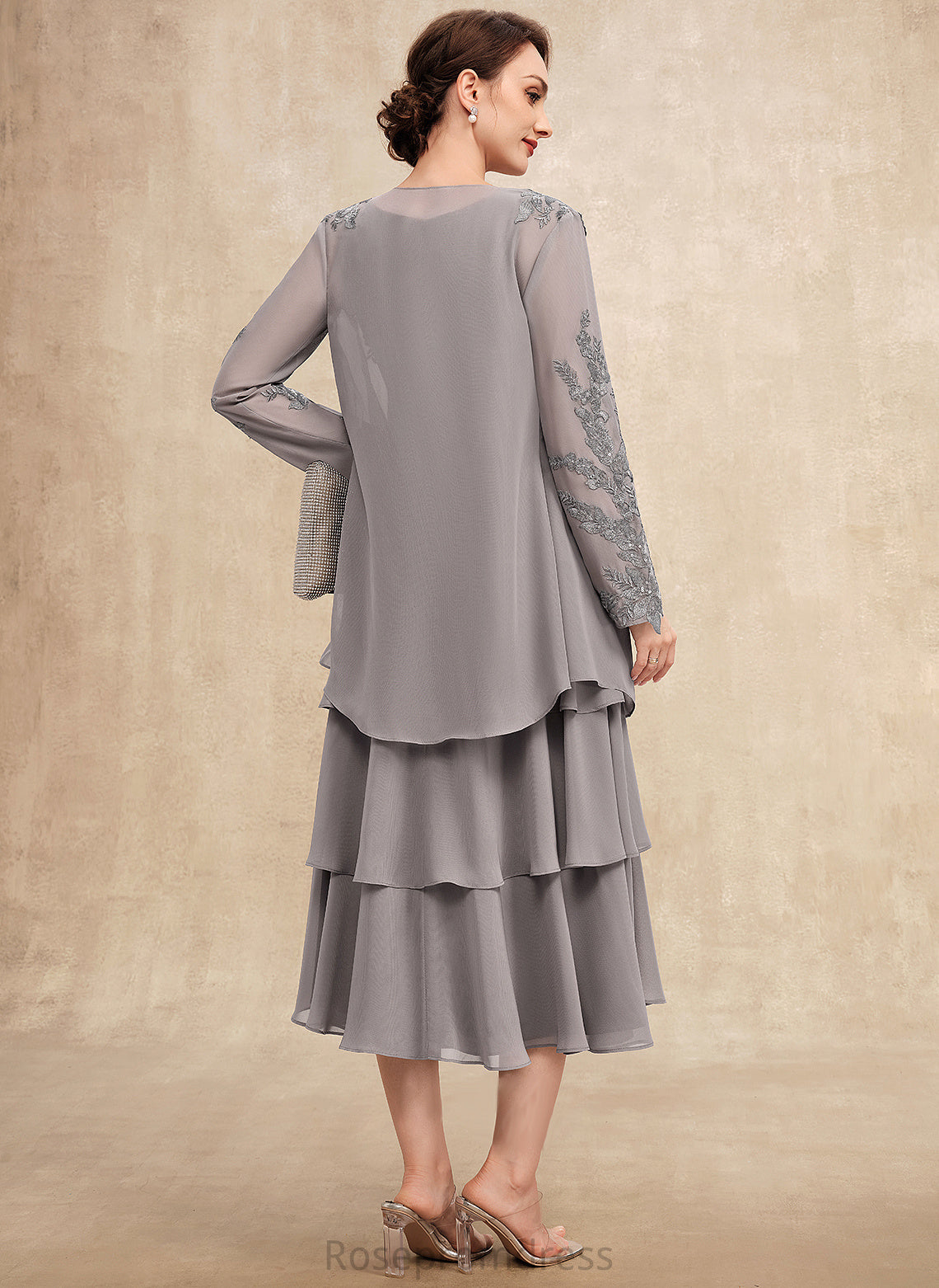 Neck Tea-Length Yaritza With Chiffon Scoop Dress Mother of the Bride Dresses Cascading the Bride Mother Ruffles A-Line of