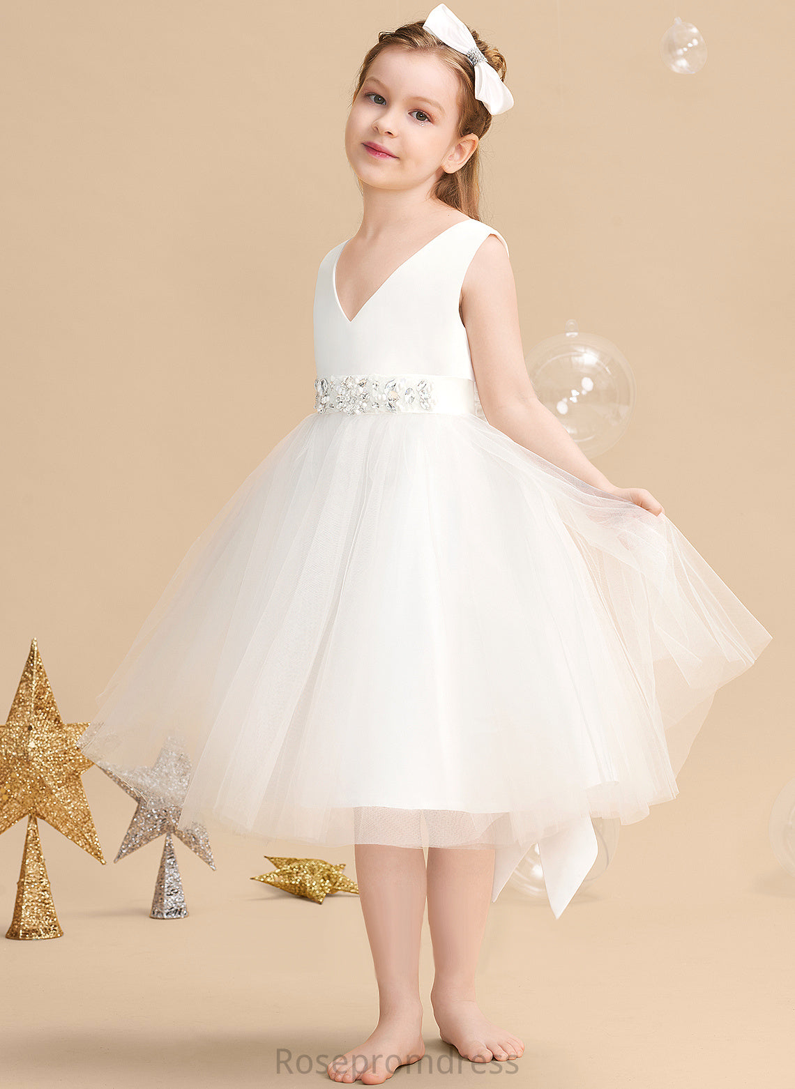 Satin/Tulle V-neck Flower Girl Flower Girl Dresses Dress - With Sleeveless Bow(s) Karlee Knee-length A-Line