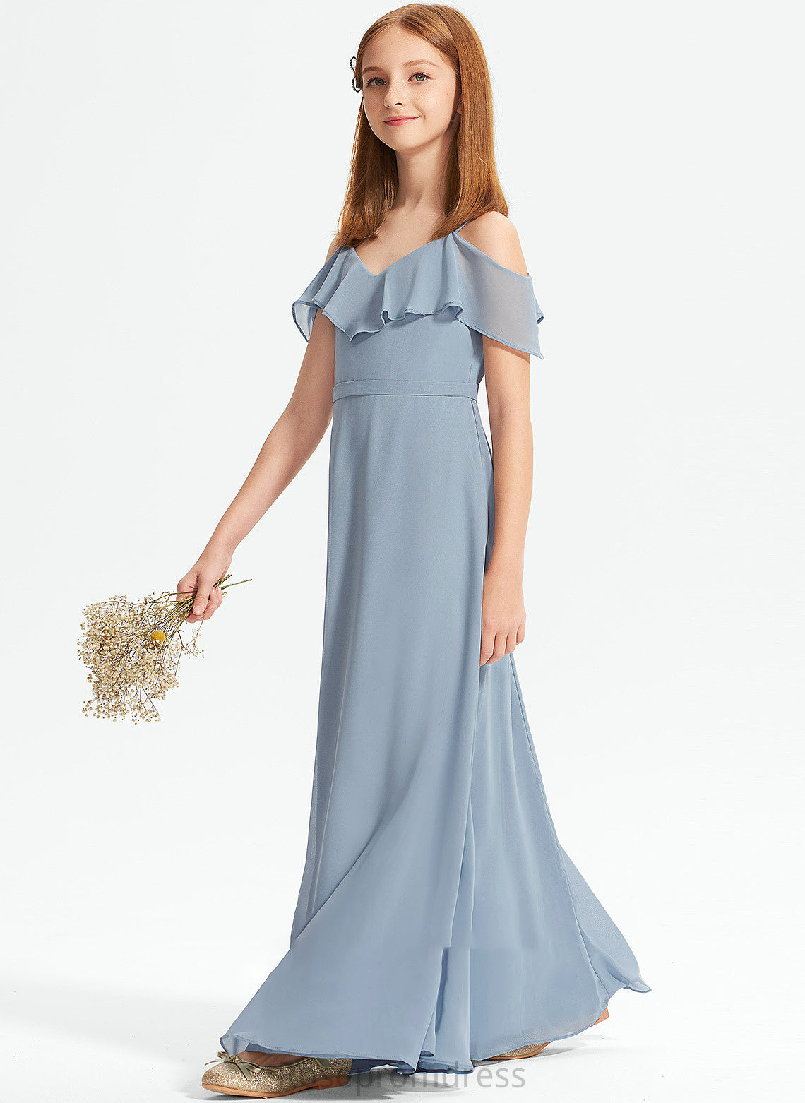 Off-the-Shoulder Ellie A-Line Junior Bridesmaid Dresses Chiffon With Floor-Length Ruffles