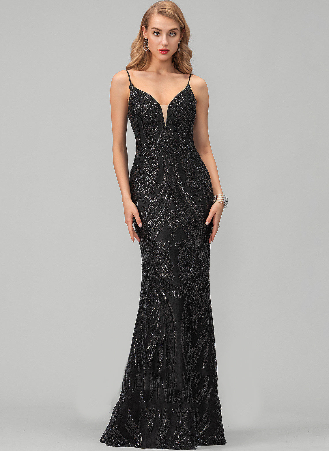 V-neck Prom Dresses Sheath/Column Floor-Length Elliana Sequined Satin