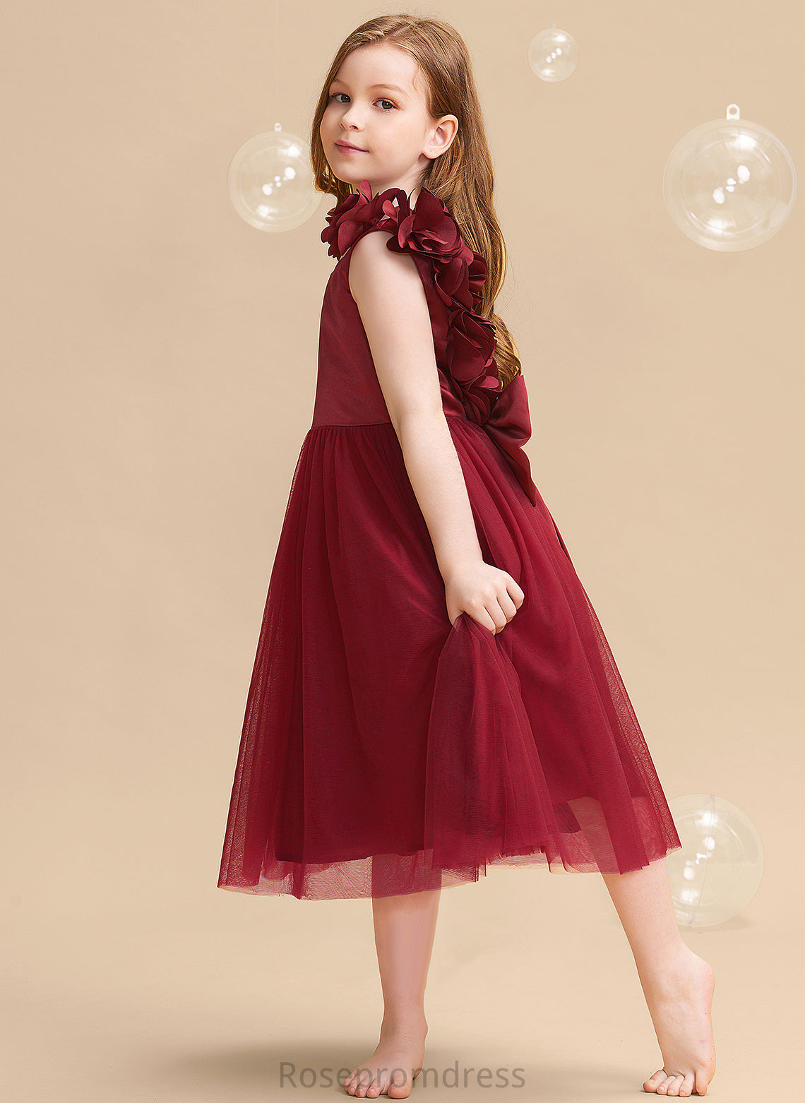 Sleeveless Sally A-Line Flower With Flower Girl Dresses Girl - Tea-length V-neck Flower(s)/Bow(s) Dress Satin/Tulle