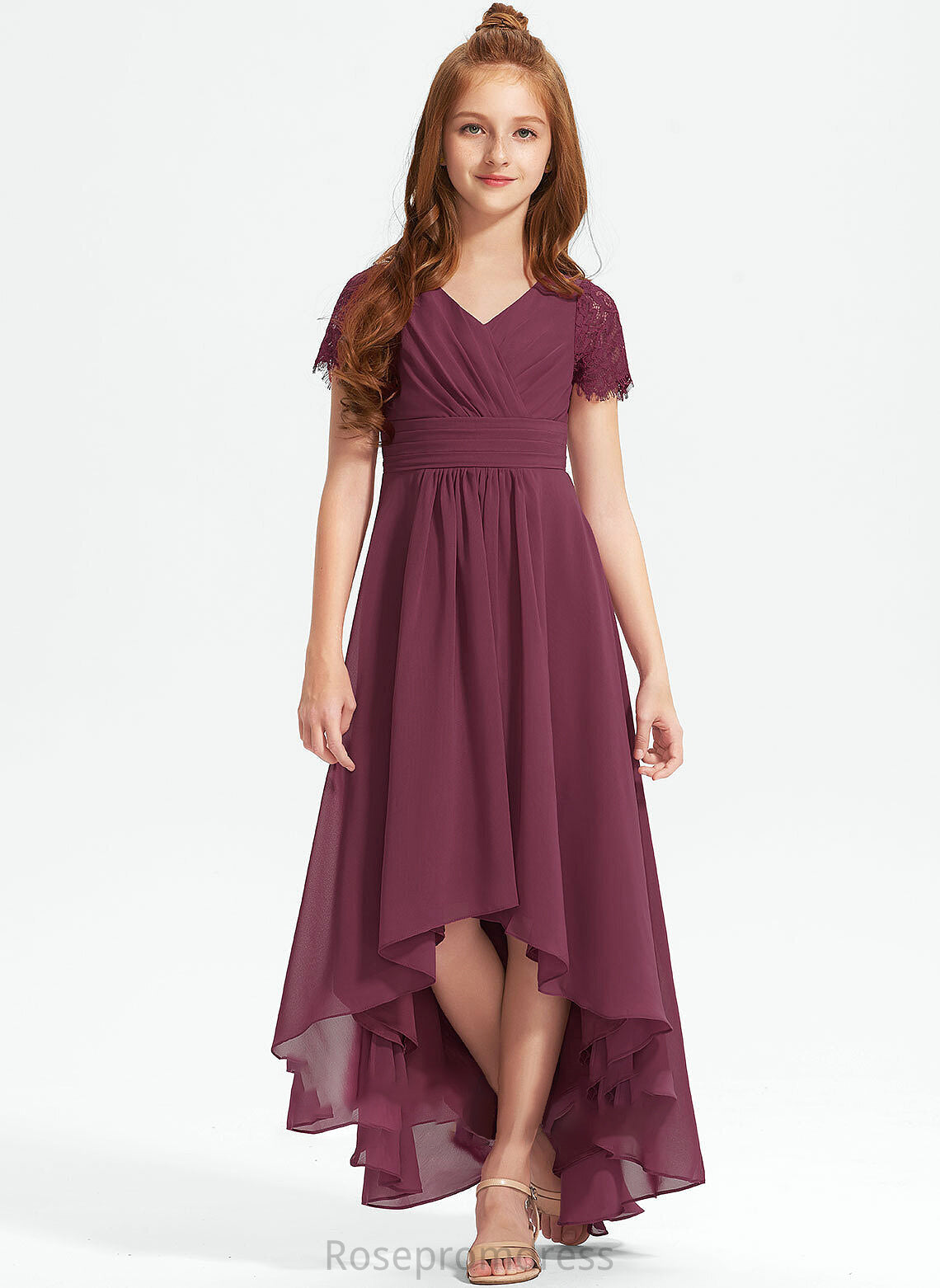 A-Line V-neck Ruffle Junior Bridesmaid Dresses Asymmetrical Katie With Chiffon Lace