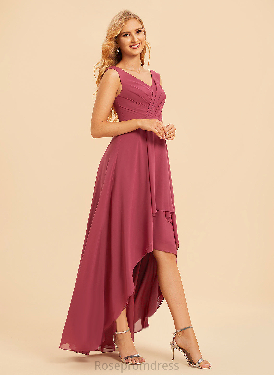 A-Line Silhouette V-neck Fabric Neckline Asymmetrical Embellishment Length Ruffle Elliana Sweetheart Floor Length Bridesmaid Dresses