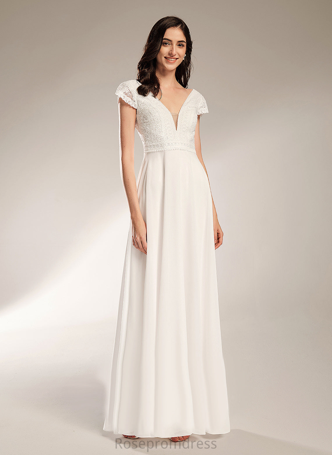 A-Line Lace Wedding Dresses Wedding Abbey Chiffon Dress V-neck Floor-Length