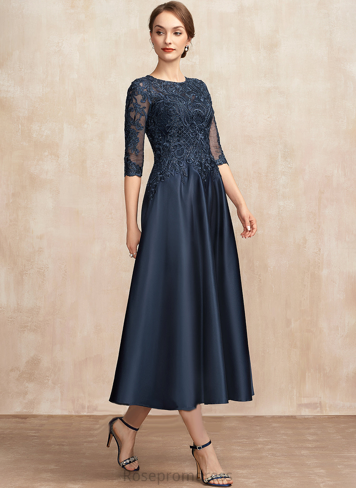 Tea-Length Mother Karina Dress Mother of the Bride Dresses With Sequins Lace Bride the A-Line of Satin Scoop Neck