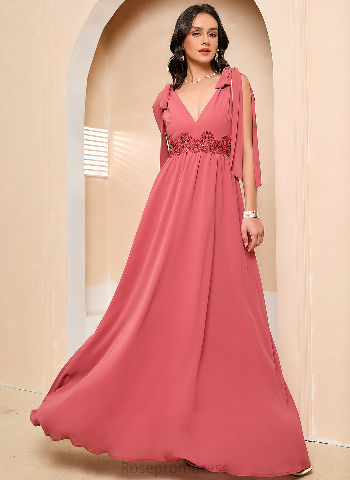 With A-Line Laci V-neck Ankle-Length Bow(s) Prom Dresses