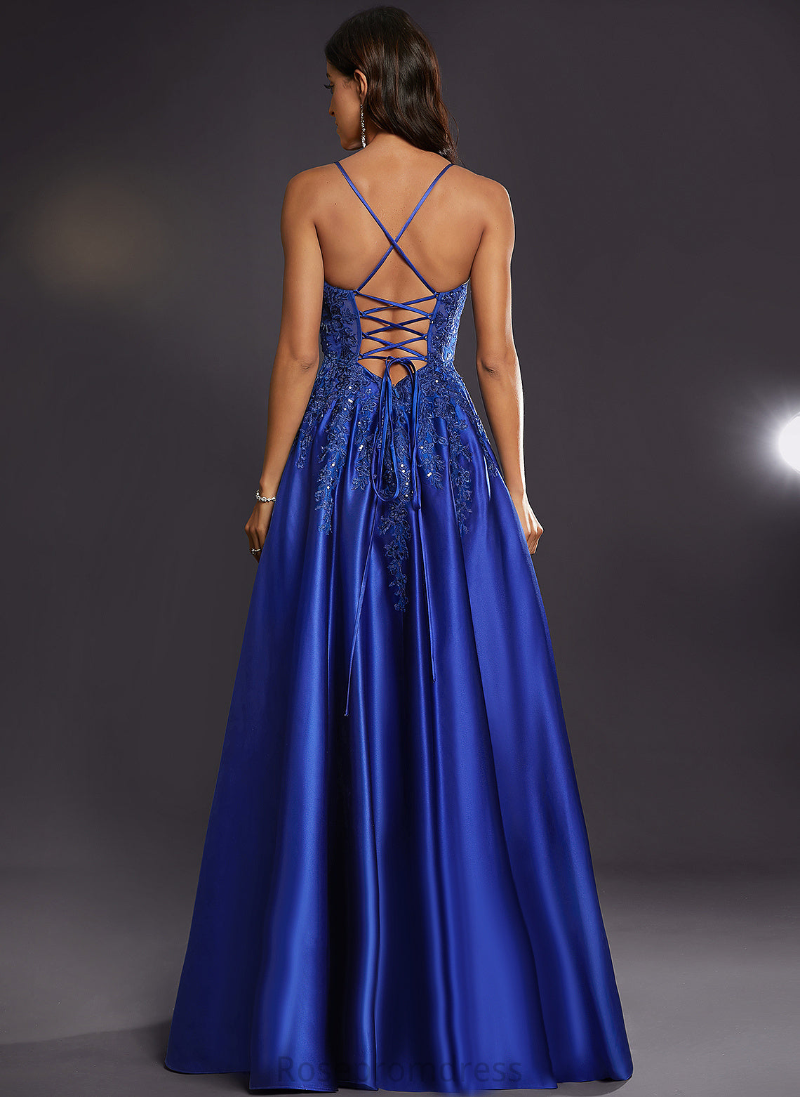 Floor-Length V-neck Prom Dresses Estrella Satin With Sequins A-Line