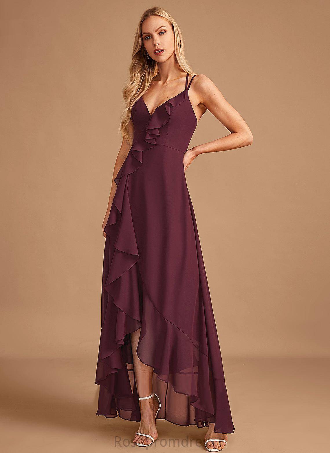 Silhouette V-neck Asymmetrical Embellishment Fabric SplitFront Neckline A-Line Length Ruffle Mandy Floor Length Bridesmaid Dresses