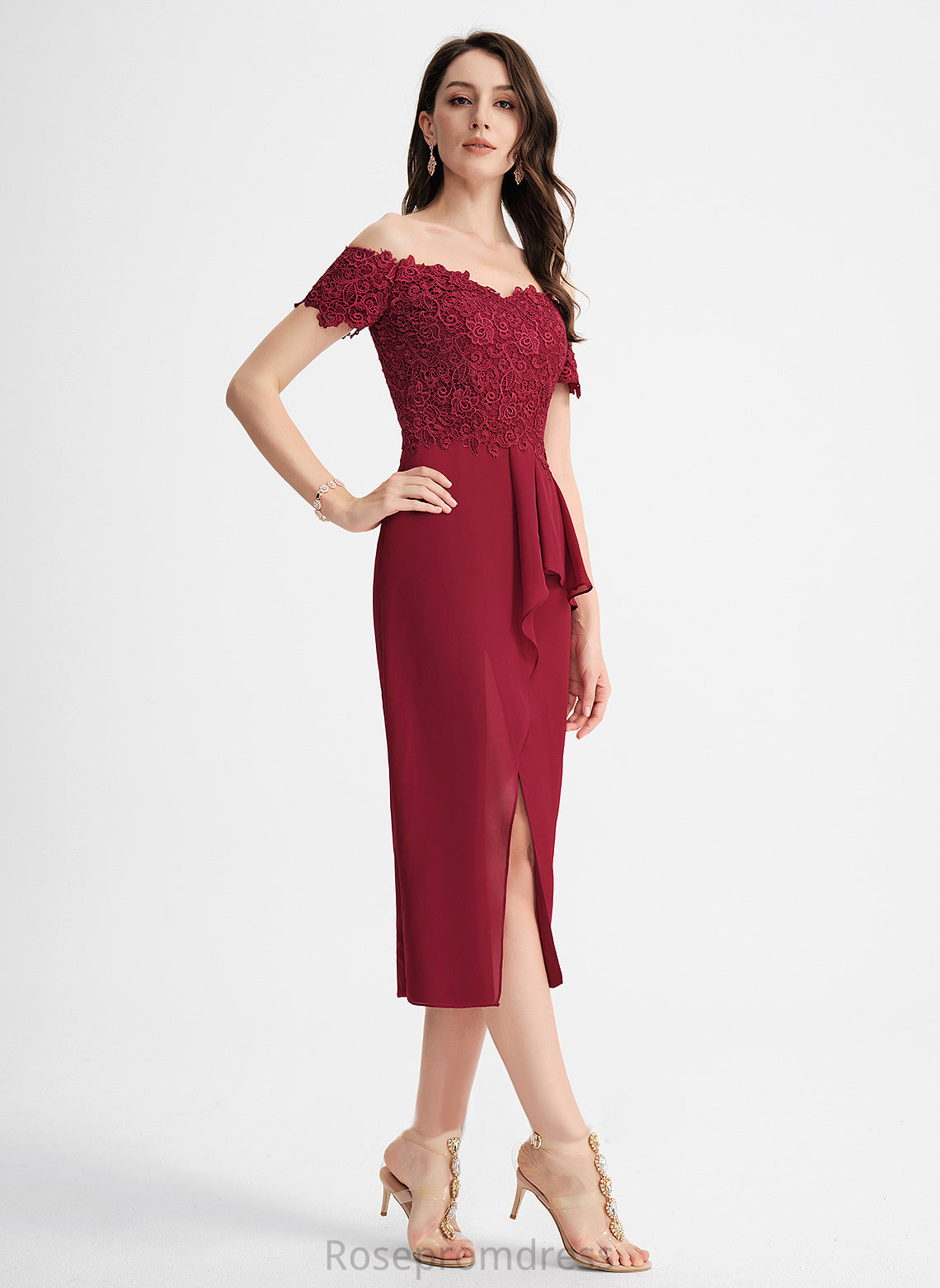 Sheath/Column Lace Maci Tea-Length Dress Chiffon Cocktail Dresses Off-the-Shoulder Cocktail