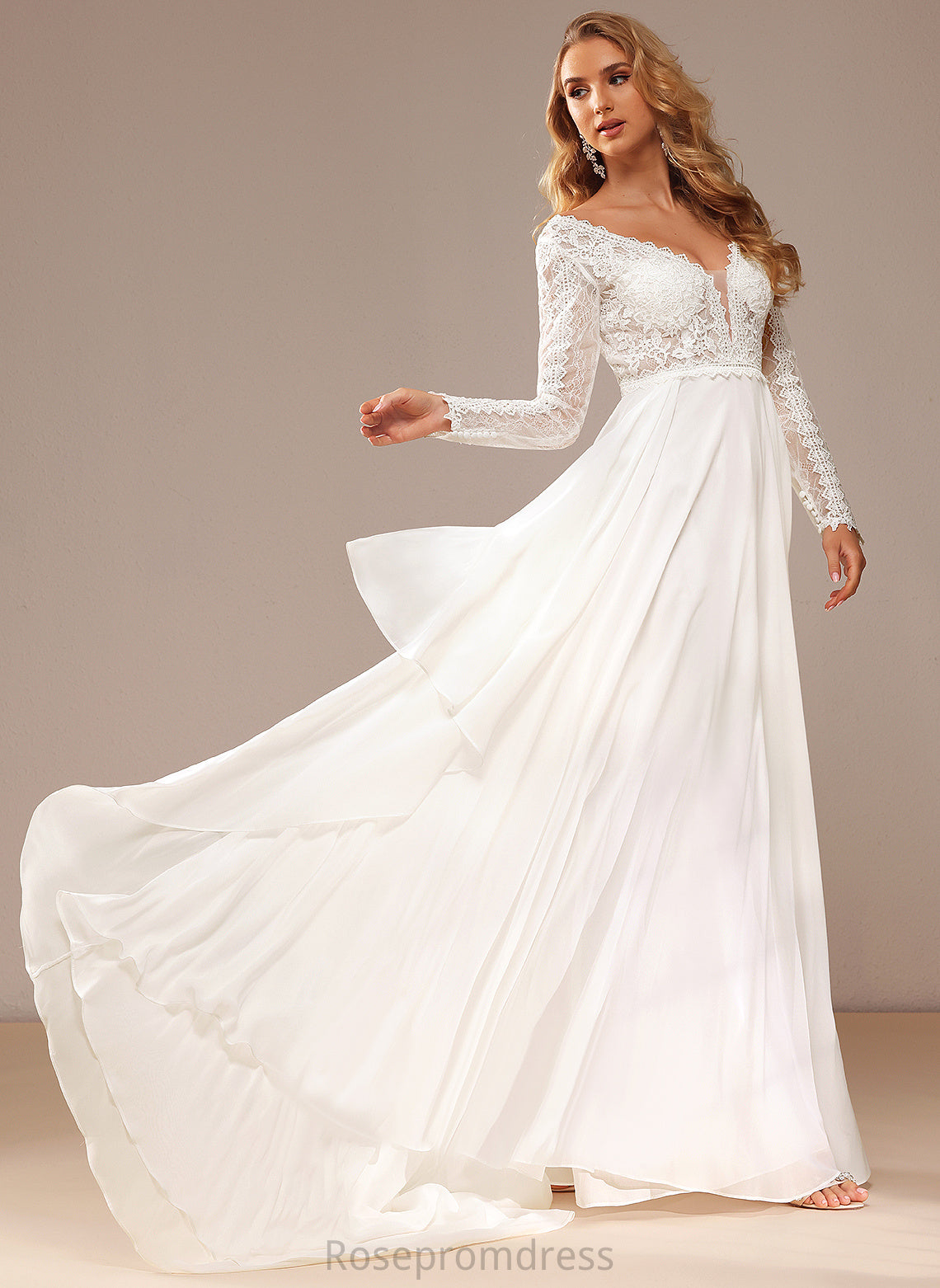 Makaila Lace Ruffle With Chiffon V-neck Wedding Wedding Dresses Dress A-Line Lace Train Court