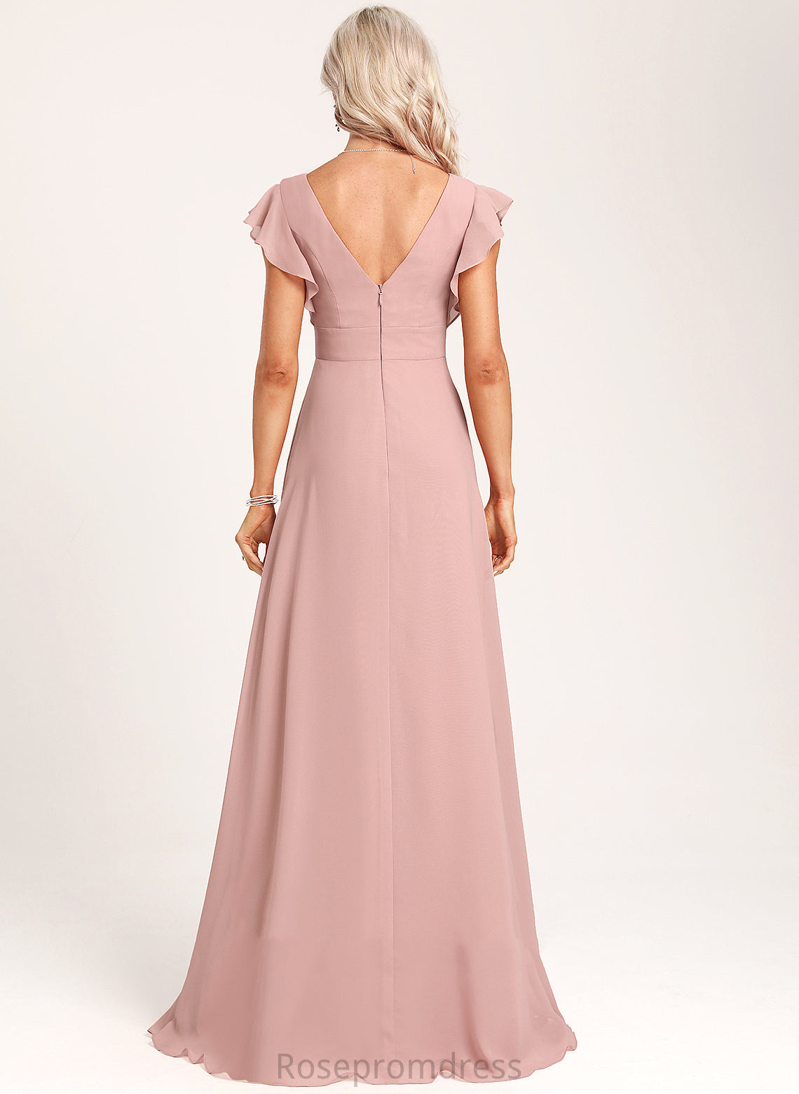 Fabric Floor-Length Length Silhouette Embellishment A-Line V-neck Ruffle Neckline Ivy Bridesmaid Dresses