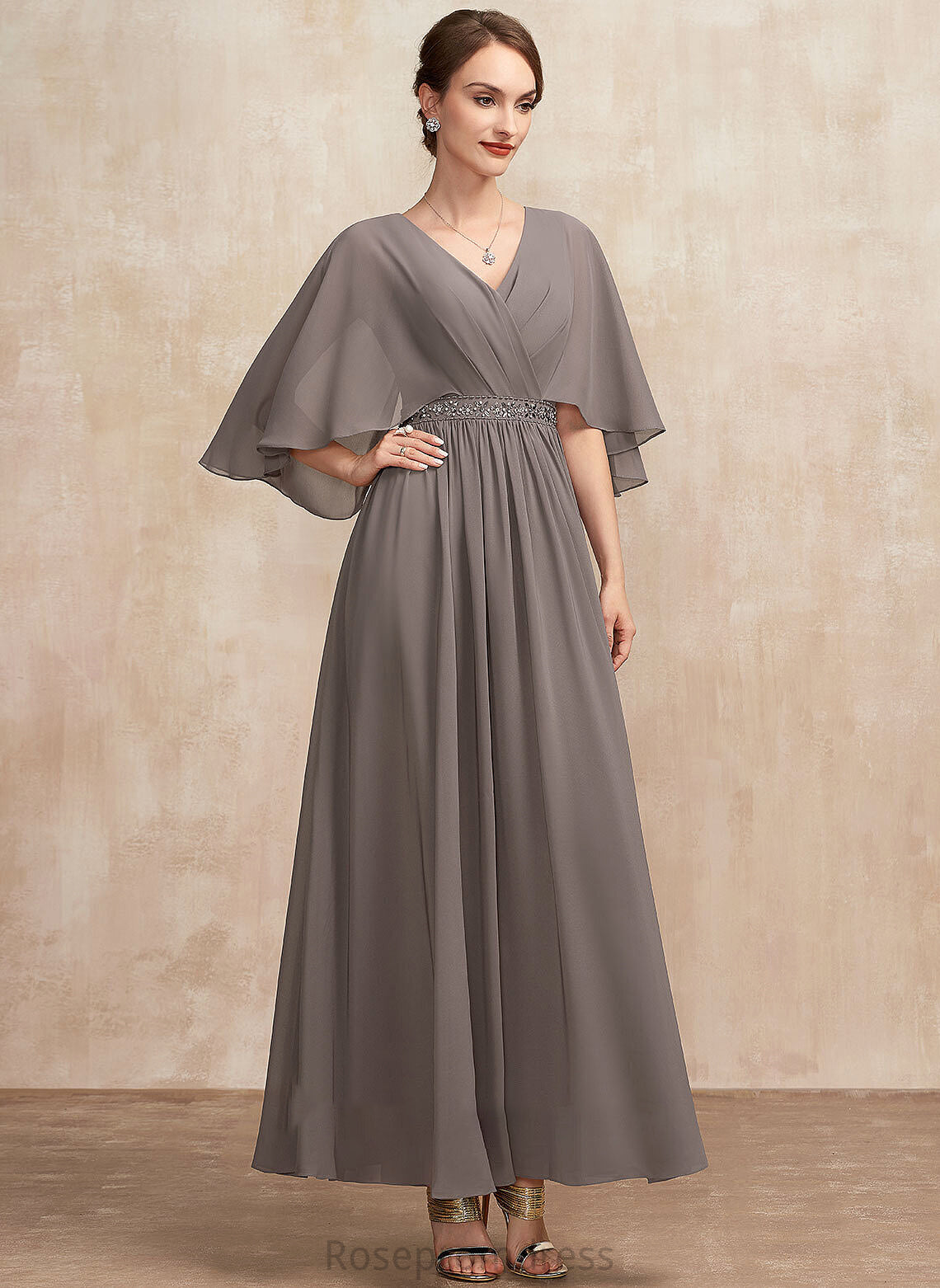 Mother Dress the V-neck Ankle-Length A-Line Bride Mother of the Bride Dresses Ruffle of Beading With Chiffon Adyson