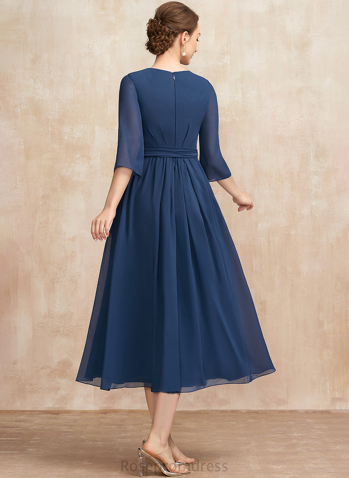 A-Line Cocktail Dresses Neck With Madge Cocktail Bow(s) Tea-Length Dress Chiffon Ruffle Scoop