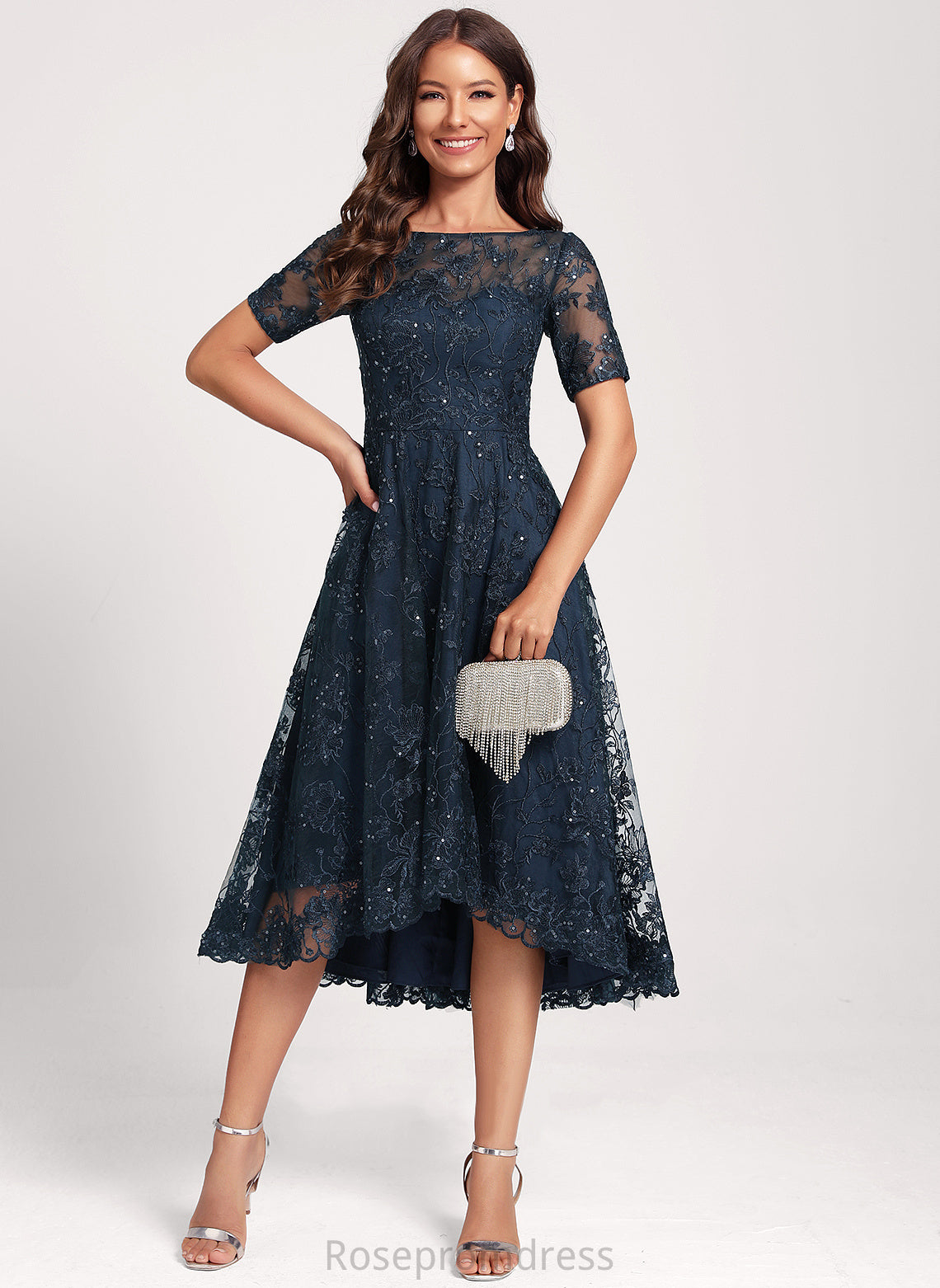 Dress Lace Asymmetrical Sequins Neck Tulle Scoop Cocktail Autumn Club Dresses A-Line With