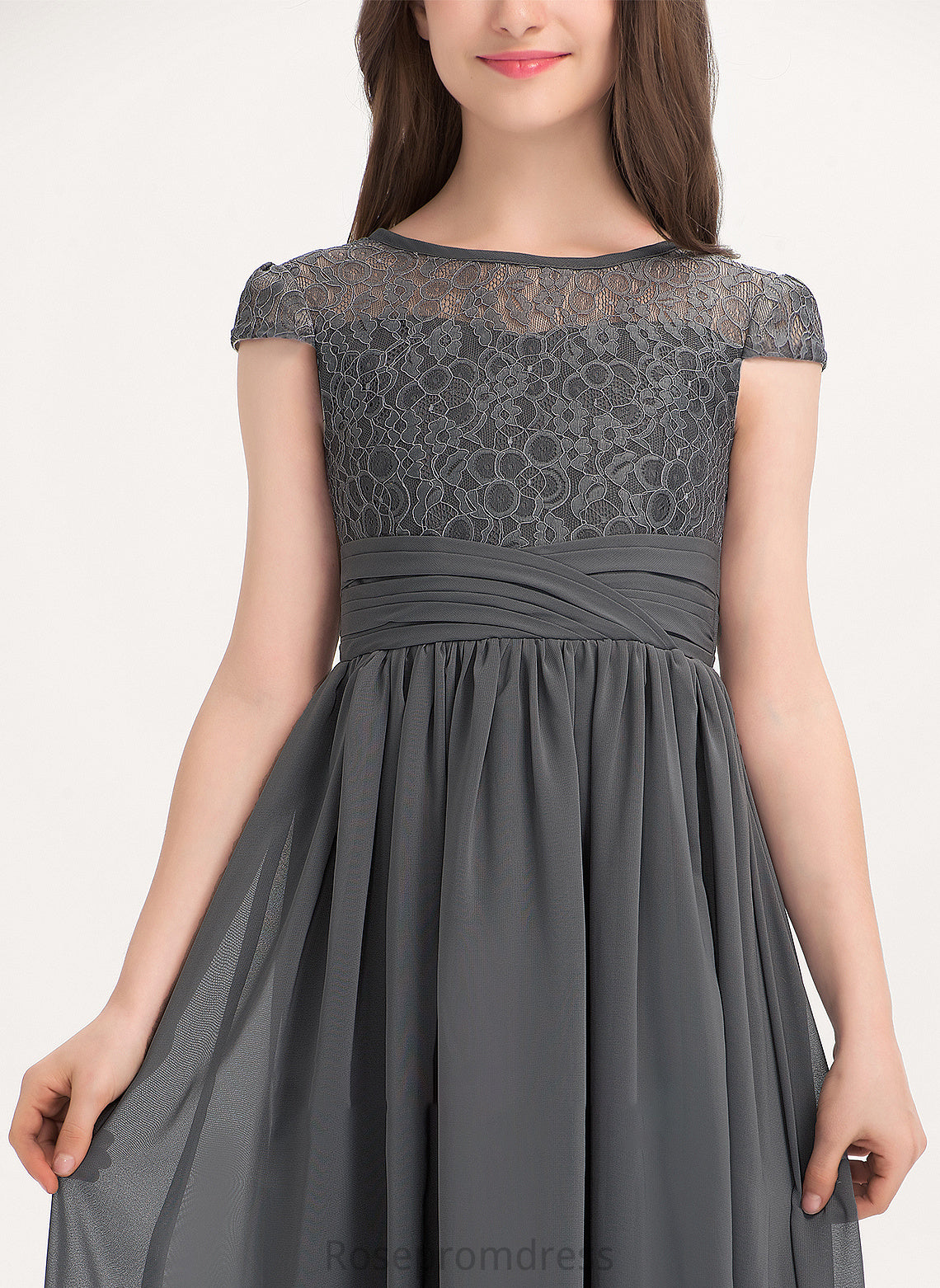 A-Line Ruffle Lace Neck Scoop Floor-Length Junior Bridesmaid Dresses Chiffon With Esperanza