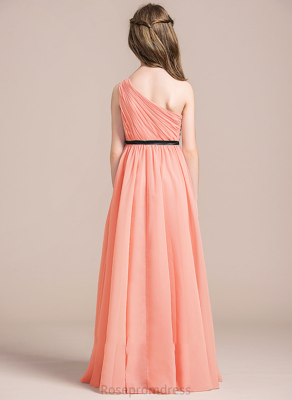 A-Line Junior Bridesmaid Dresses Ruffle Asia One-Shoulder Chiffon Floor-Length With Bow(s)