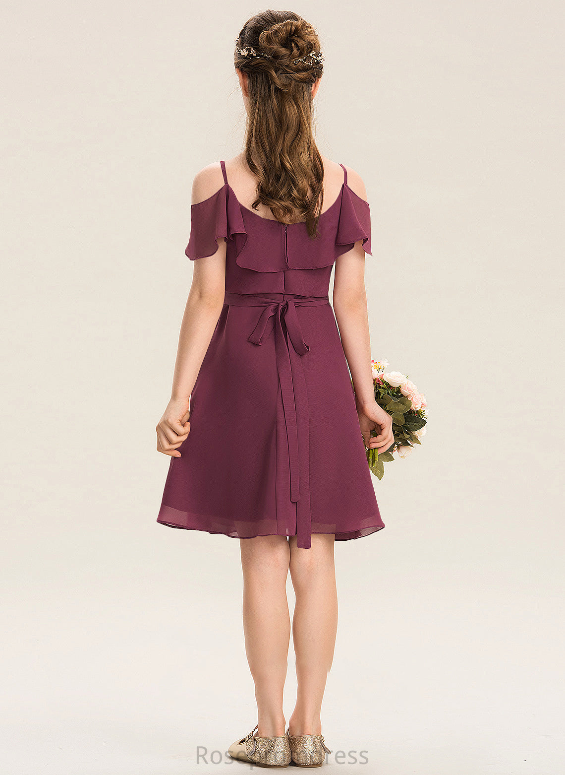 Chiffon Off-the-Shoulder Junior Bridesmaid Dresses A-Line With Ruffles Bow(s) Knee-Length Cascading Aurora