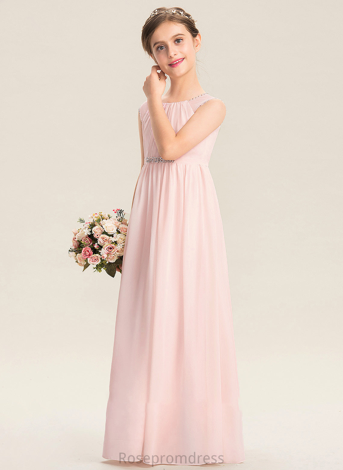 With A-Line Gracelyn Floor-Length Scoop Beading Neck Sequins Chiffon Junior Bridesmaid Dresses