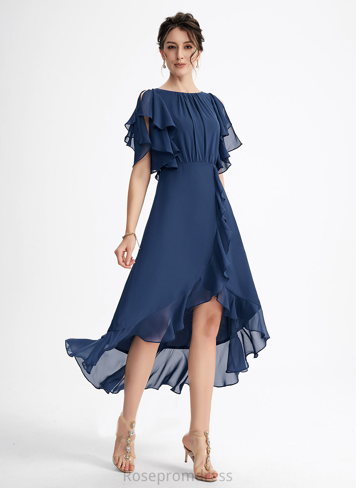 Chiffon A-Line Lauren Cascading Dress With Cocktail Cocktail Dresses Ruffles Neck Asymmetrical Scoop