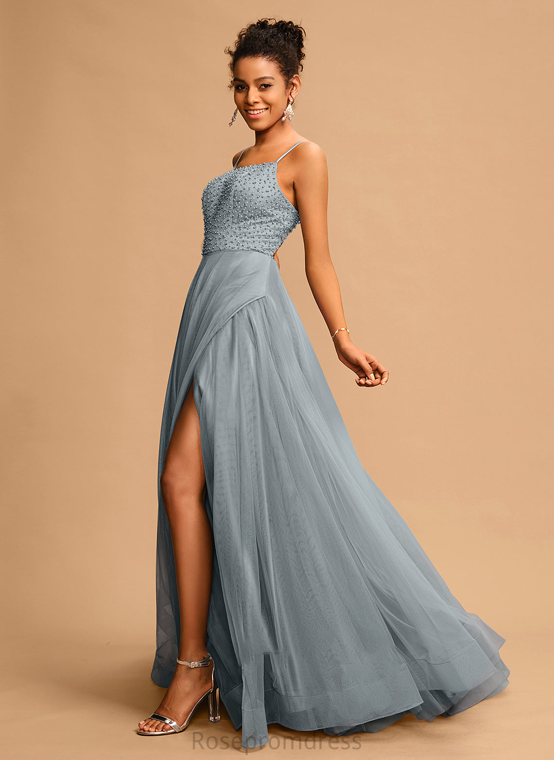 Prom Dresses Sequins Gabrielle Square Floor-Length Beading Neckline Tulle Ball-Gown/Princess With