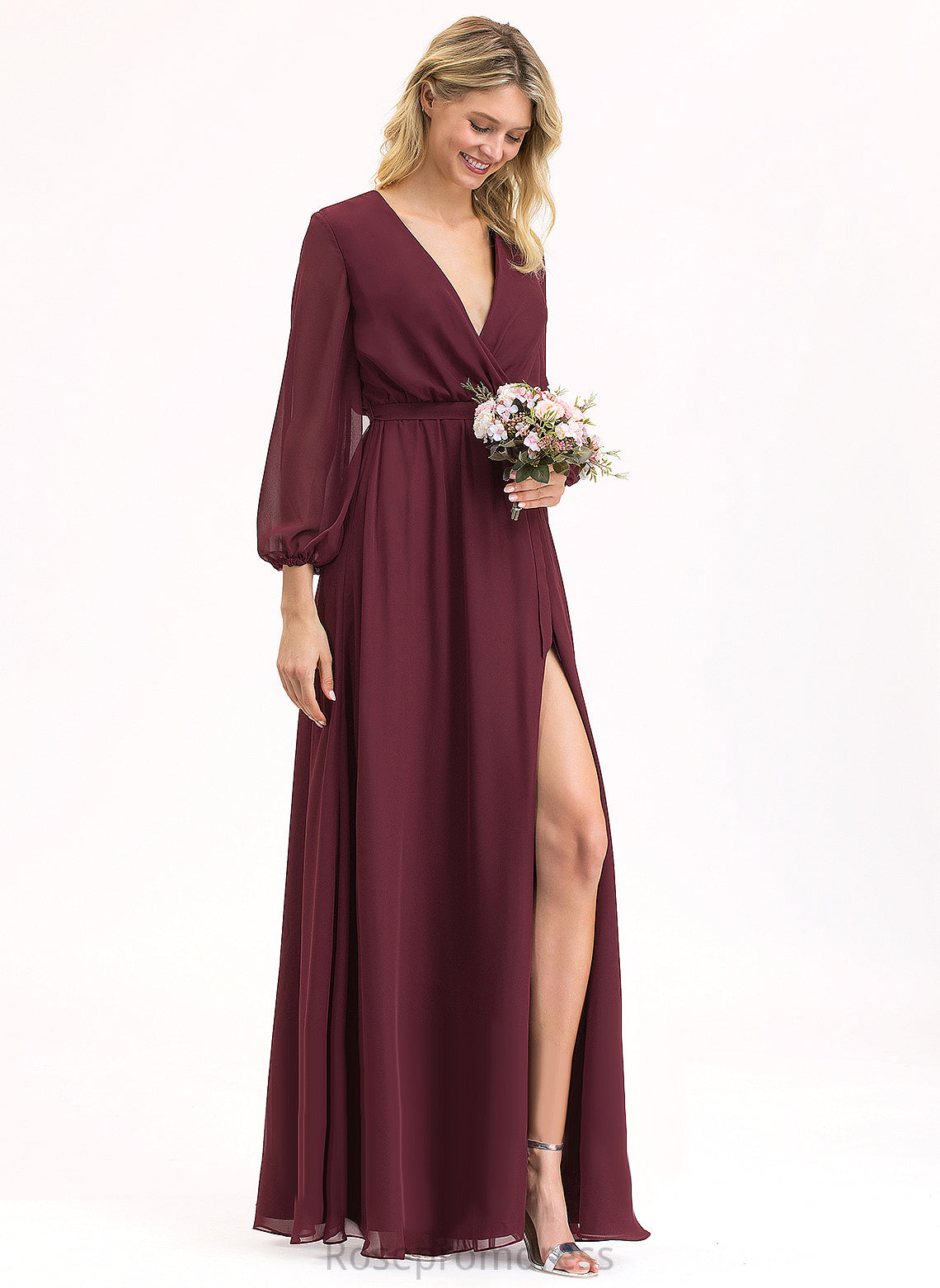 Fabric Pleated Length Bow(s) A-Line Embellishment V-neck Floor-Length Silhouette Neckline Violet Bridesmaid Dresses