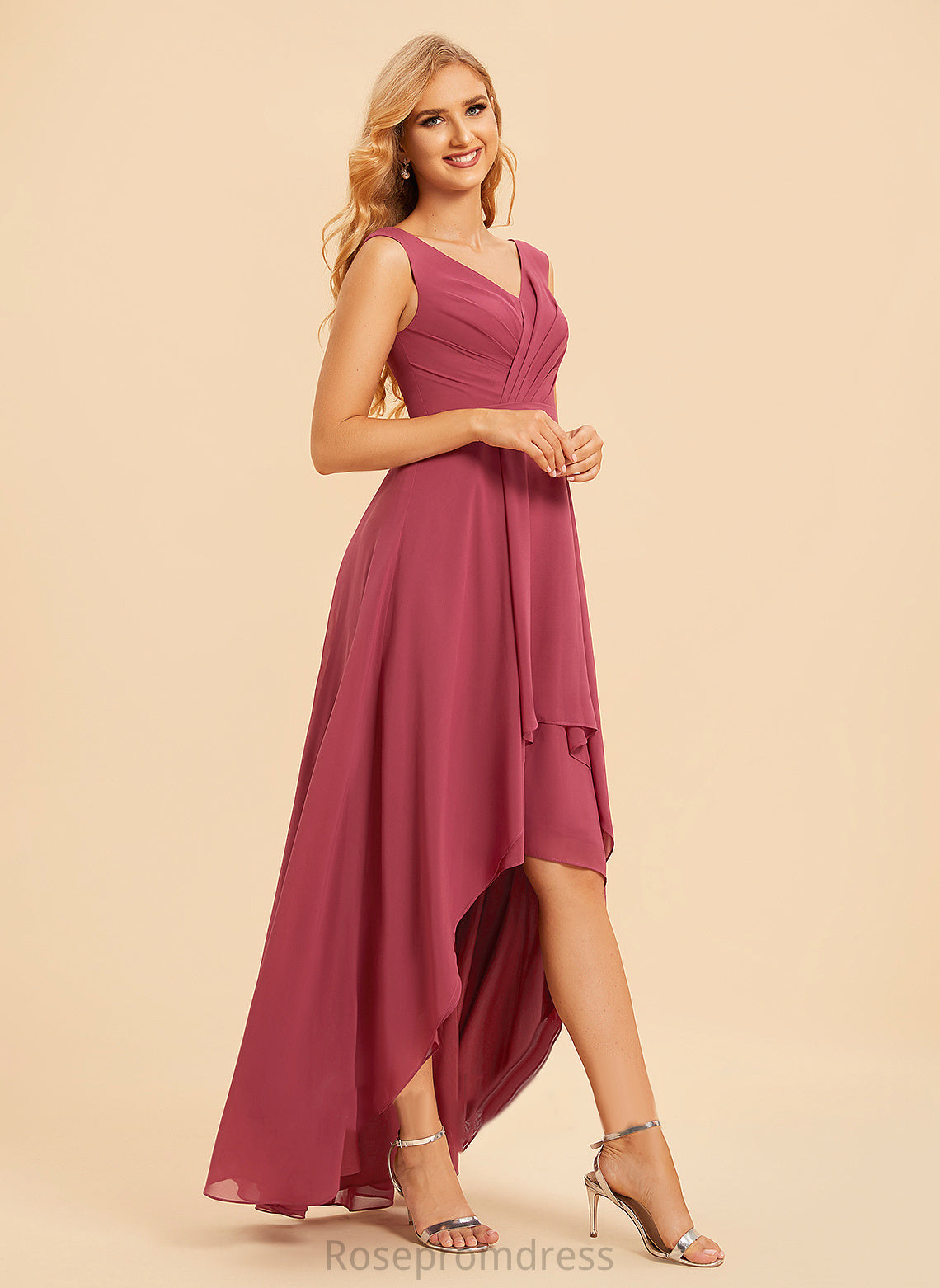 Ruffle Silhouette Neckline V-neck Asymmetrical Length Fabric A-Line Embellishment Arabella Spaghetti Staps Sleeveless Bridesmaid Dresses