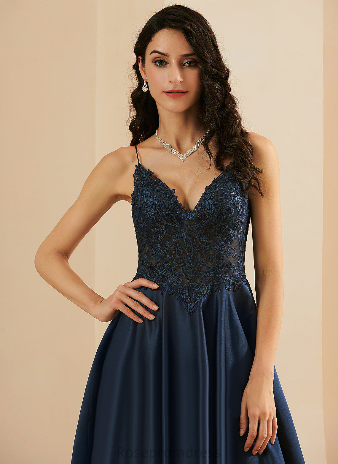 V-neck A-Line Prom Dresses Melina Lace Floor-Length