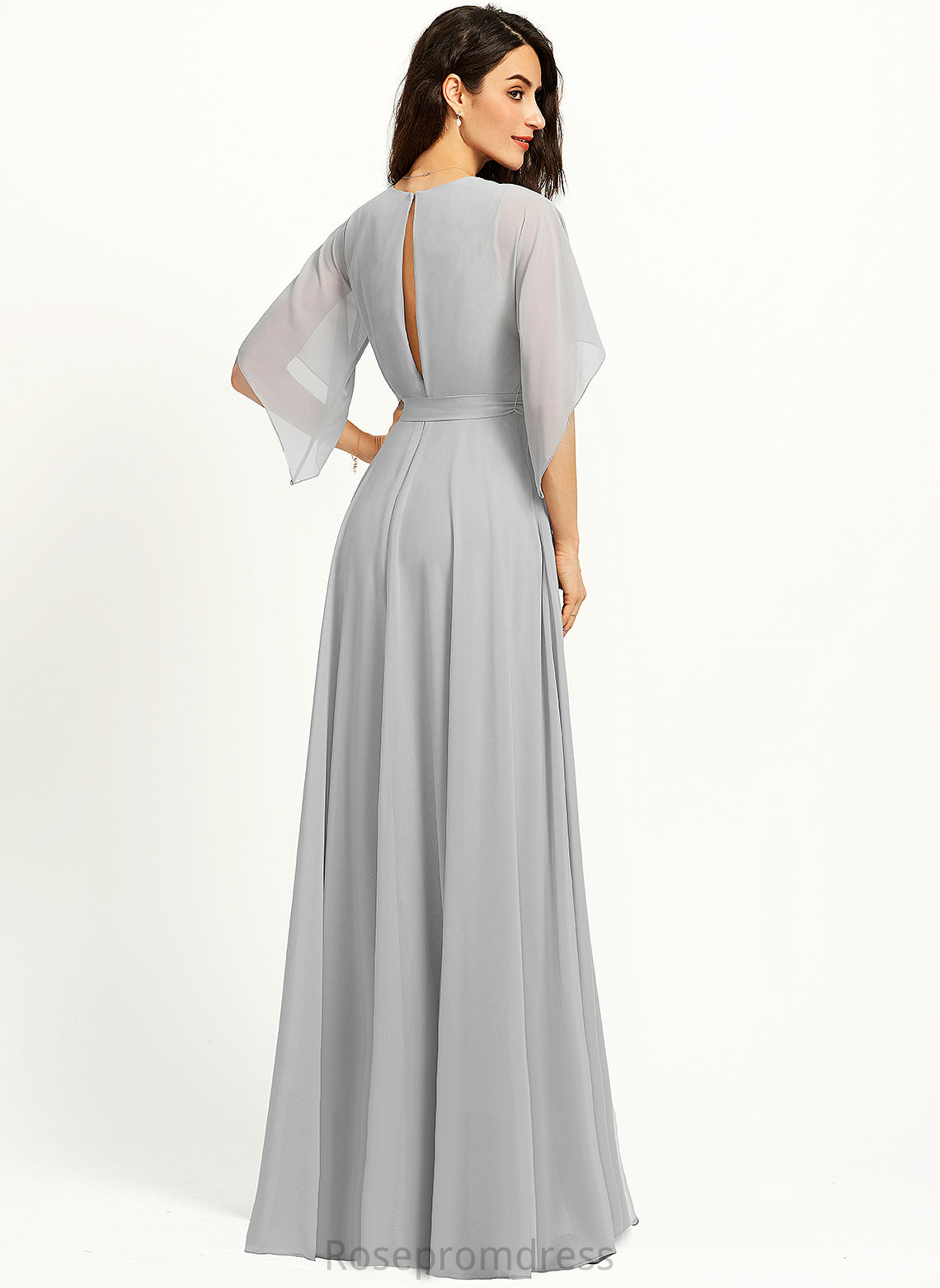 Floor-Length Fabric Silhouette Length V-Neck Straps&Sleeves Neckline A-line Delaney Natural Waist Sweep-Brush Train Trumpet/Mermaid Bridesmaid Dresses