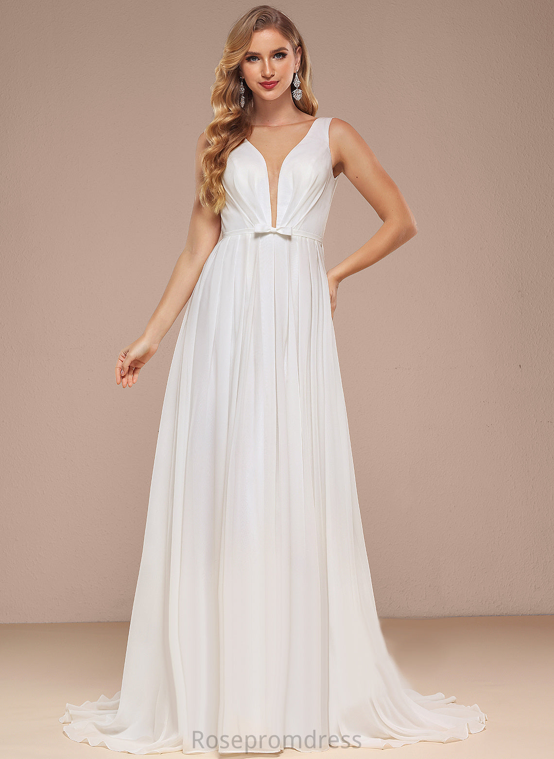 With Bow(s) Train Dress Wedding Sweep Wedding Dresses A-Line V-neck Chiffon Grace