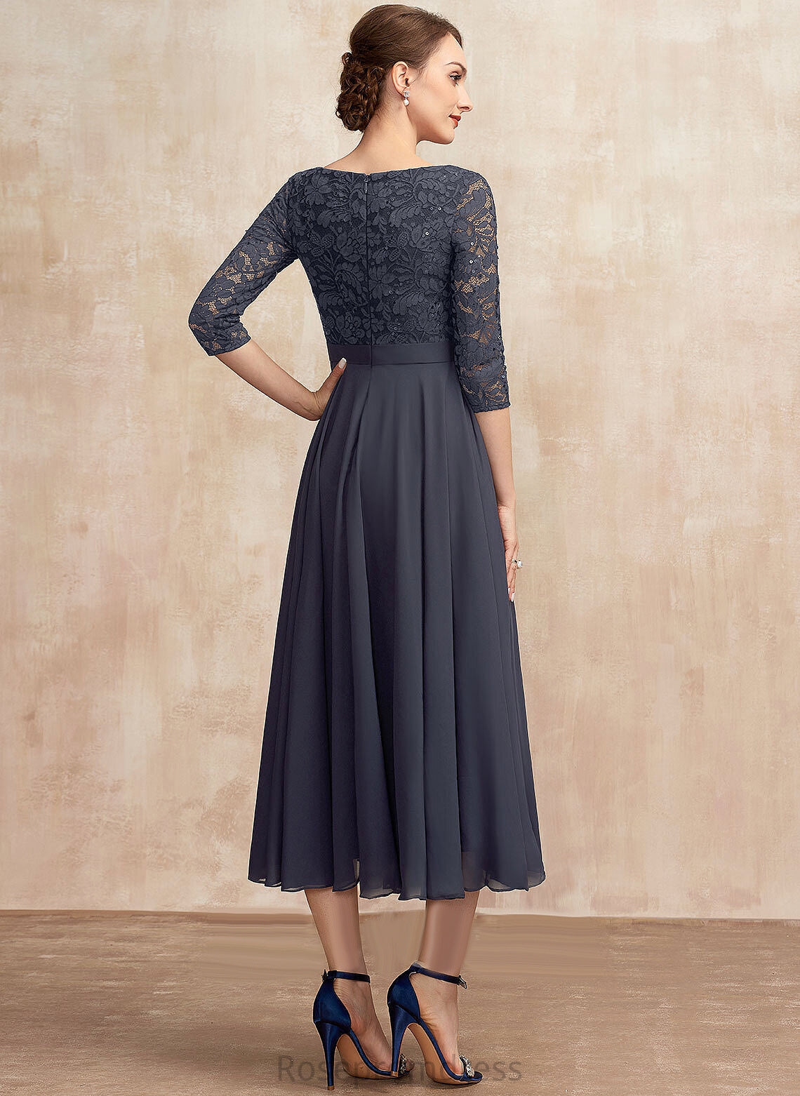 Monique A-Line Neck Tea-Length Sequins Lace Cocktail Scoop Chiffon With Cocktail Dresses Dress